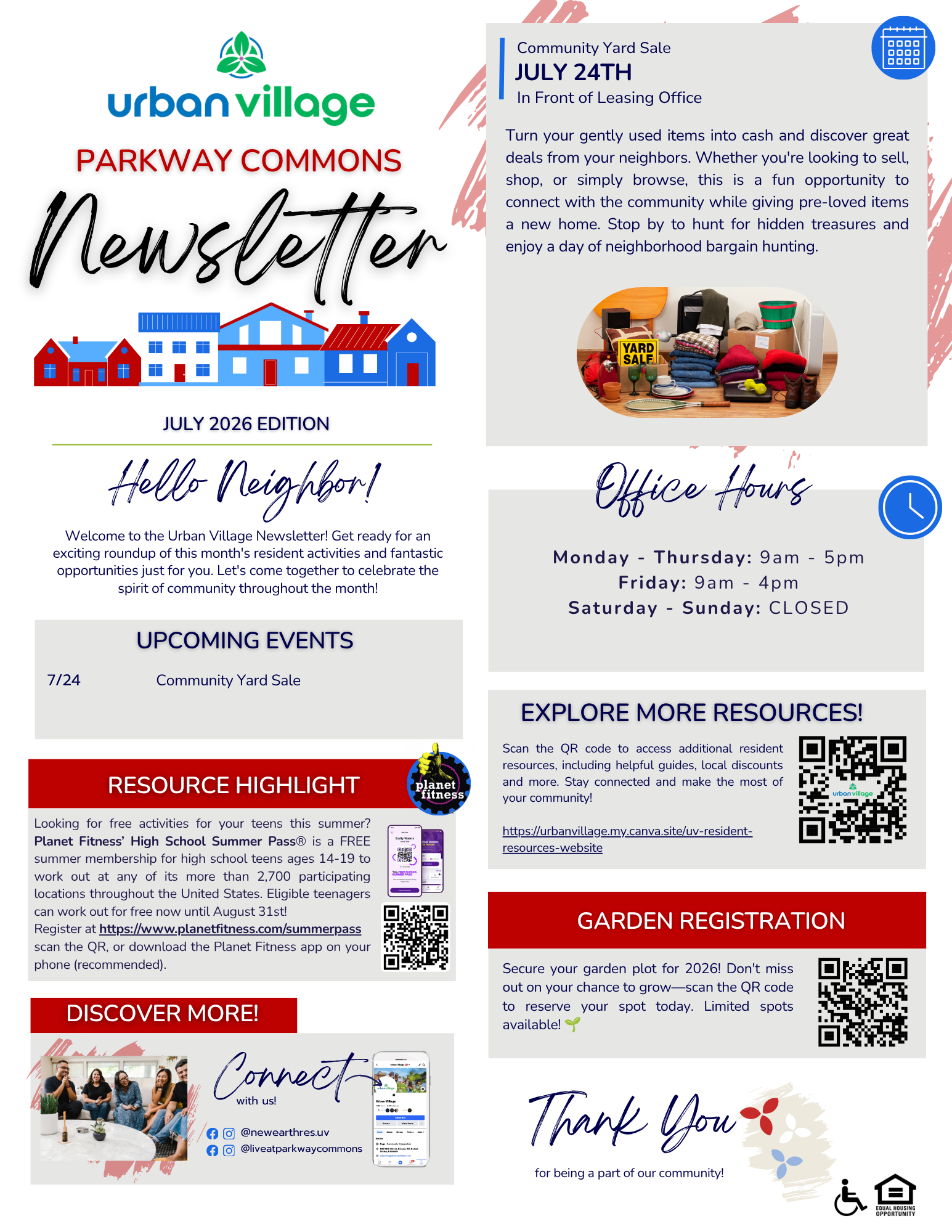 Parkway Commons newsletter featuring community events, office hours, and resource highlights.