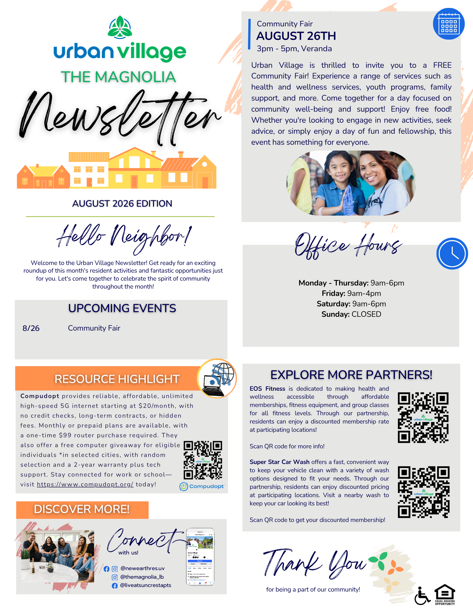 Community newsletter for Urban Village featuring upcoming events, office hours, and resource highlights.