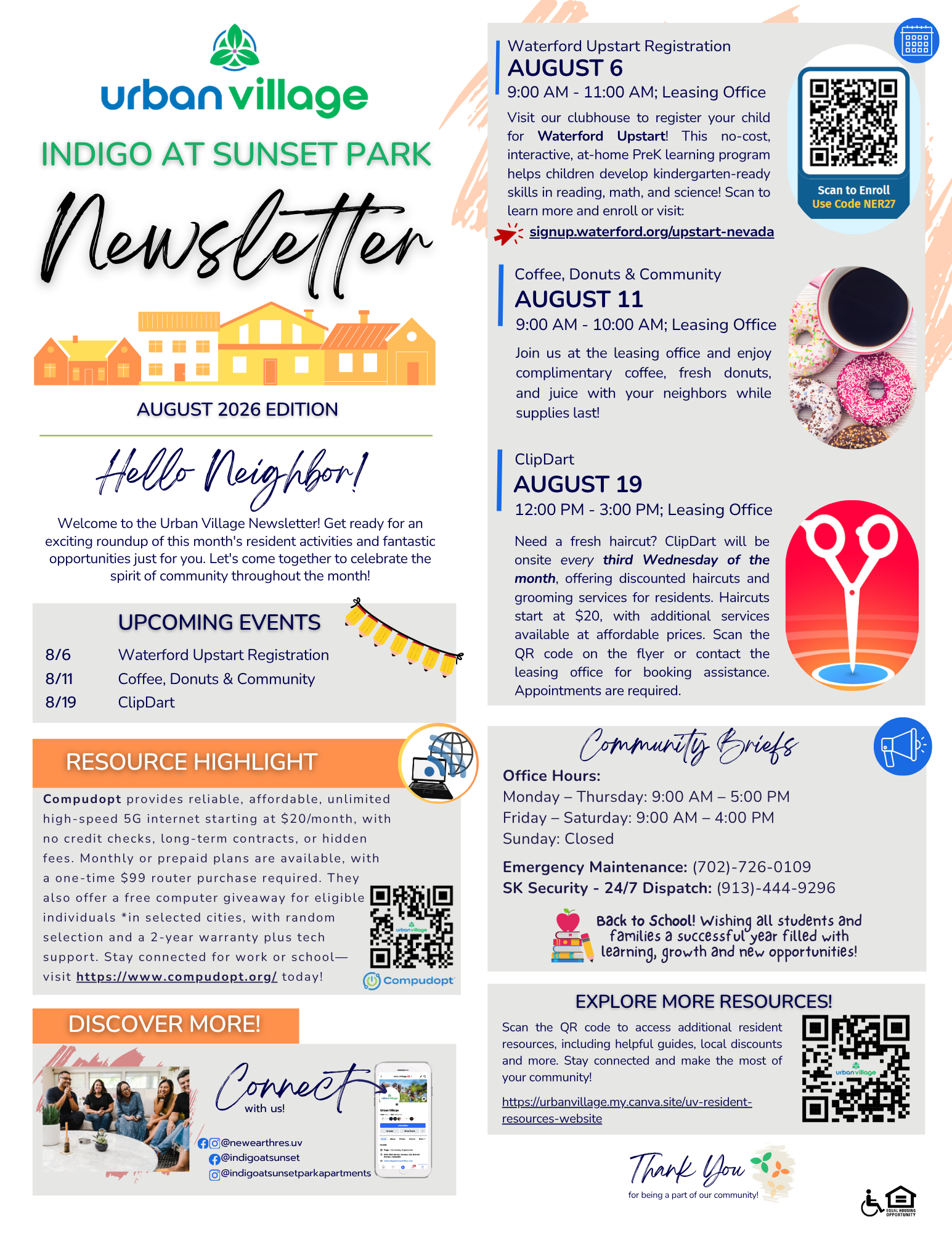 Newsletter for Indigo at Sunset Park, detailing events, resource highlights, and community resources.