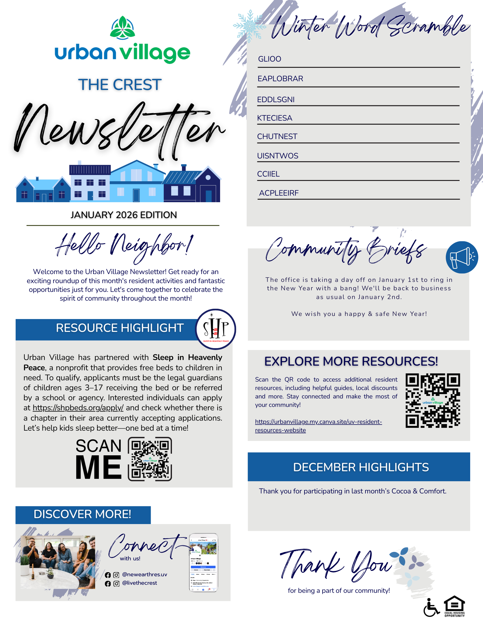 A community newsletter featuring urban village branding with sections on community briefs, resource highlights, and a winter word scramble. Includes QR codes and informational text.