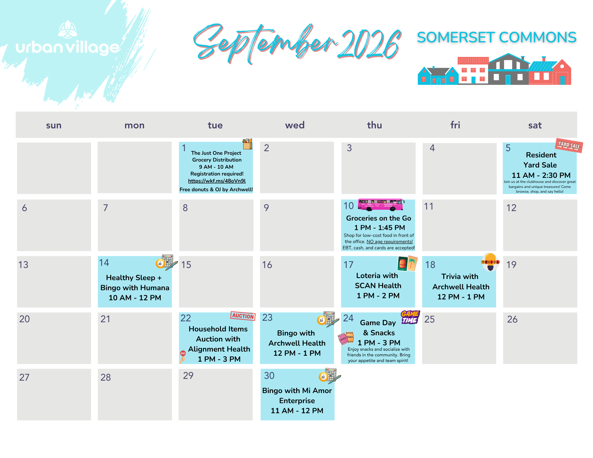 Calendar for September 2026, featuring events at Somerset Commons, with various activities scheduled throughout the month.