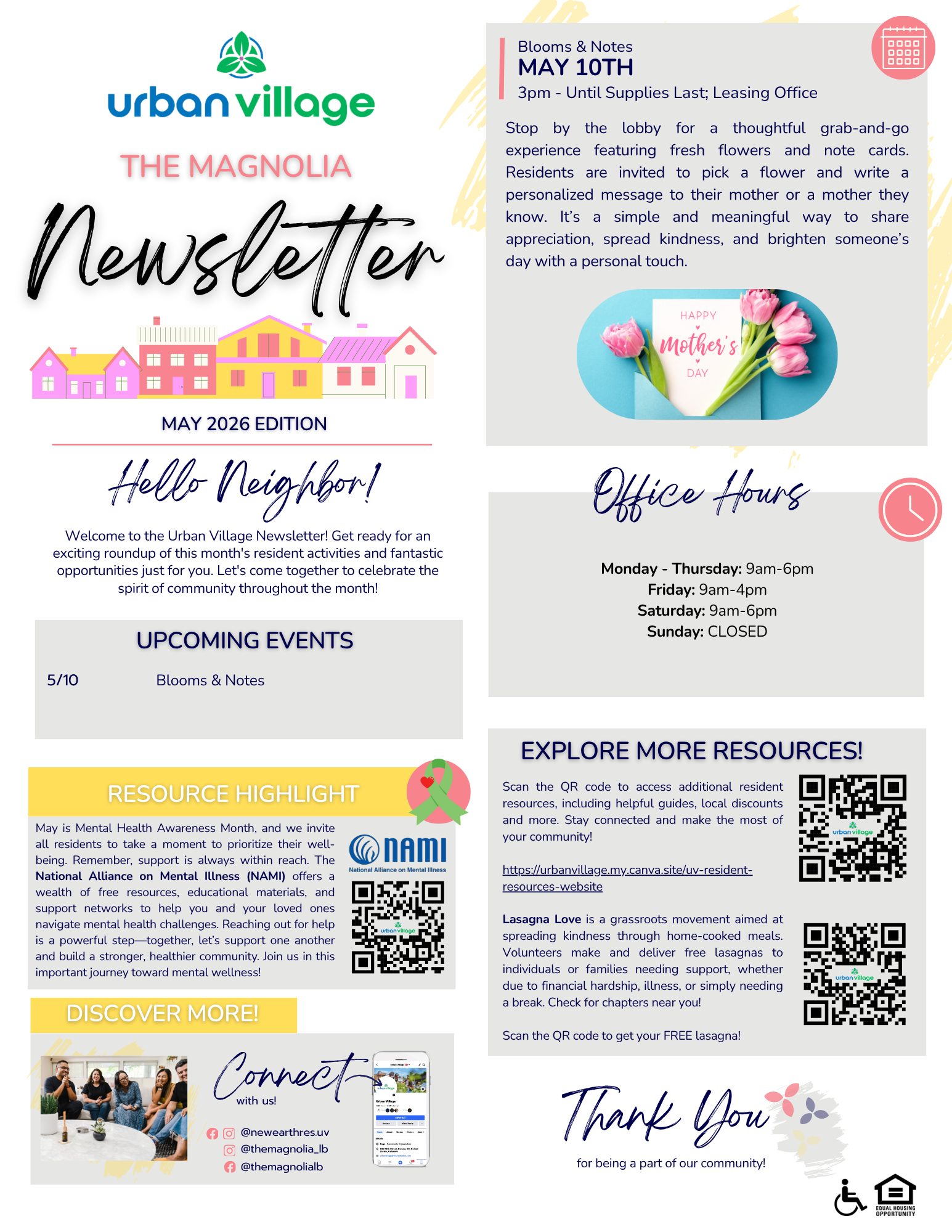 A colorful newsletter titled 'The Magnolia' from Urban Village for May 2026, featuring sections on upcoming events, resources, and office hours. There are decorative elements including flowers and houses.