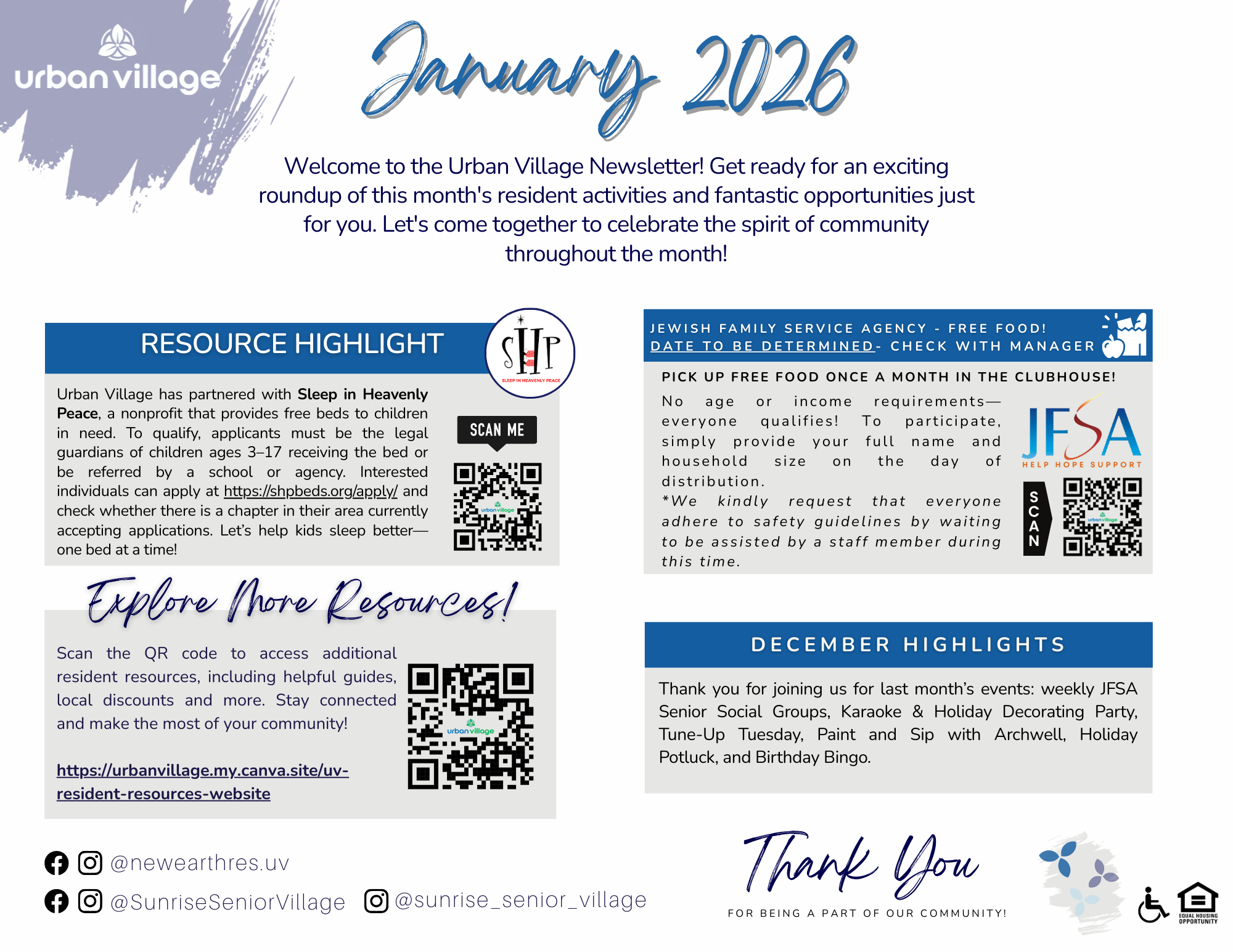 A colorful newsletter for Urban Village featuring community resources and highlights for January 2026. It includes information about partnerships with local services, free food opportunities, and upcoming events.