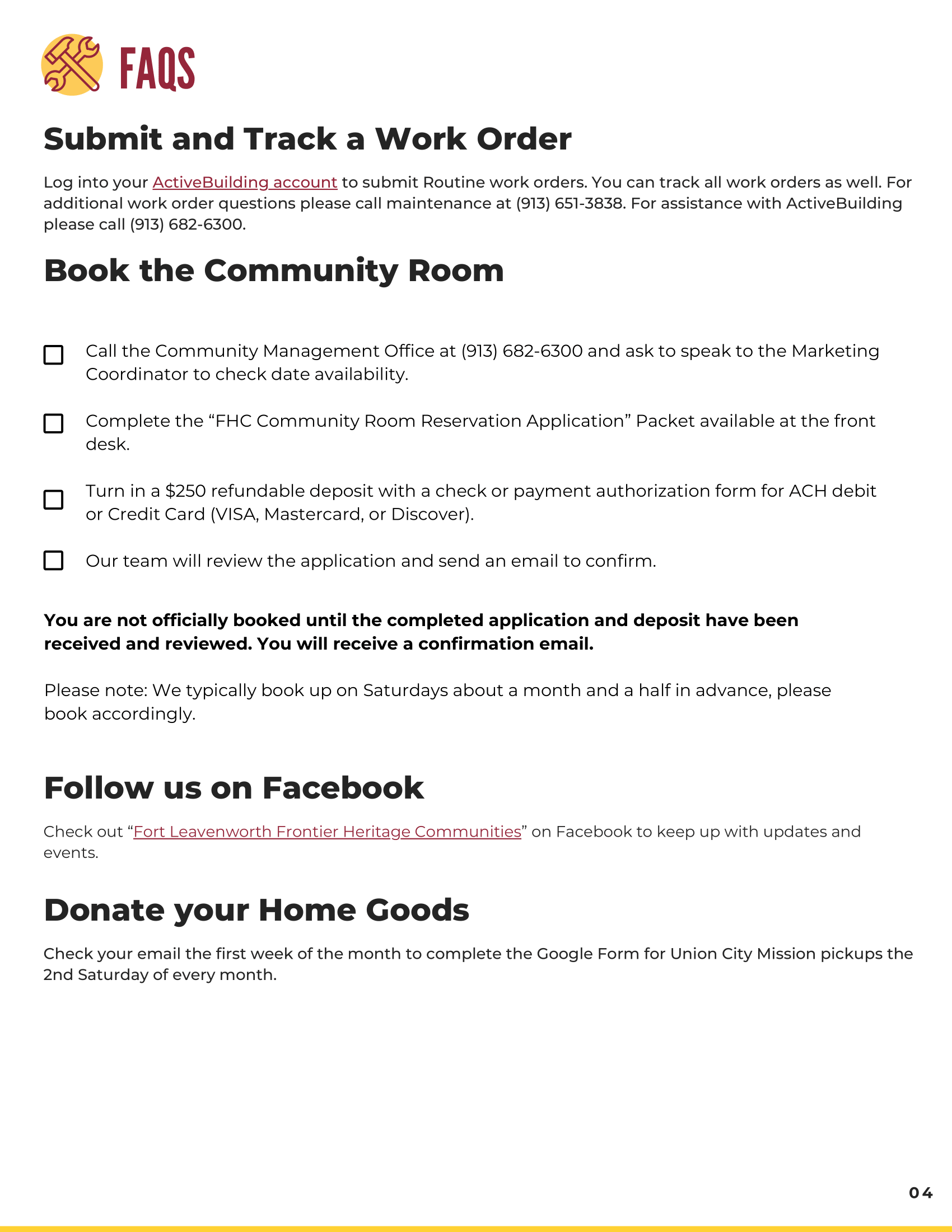A document detailing FAQs for submitting work orders, booking a community room, following on Facebook, and donating home goods, with instructions and contact details.