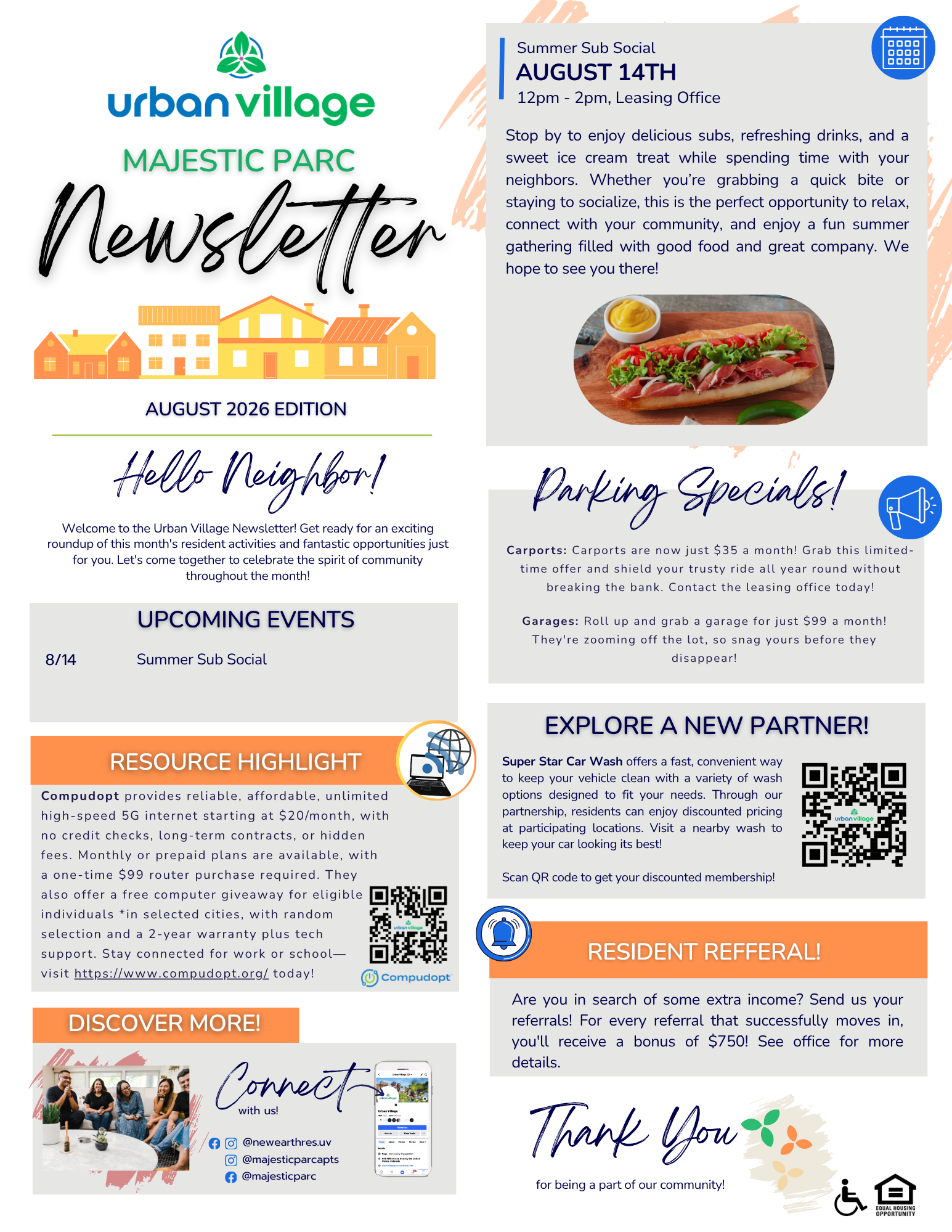A colorful newsletter for Majestic Parc, including upcoming events, resource highlights, and resident referral details.