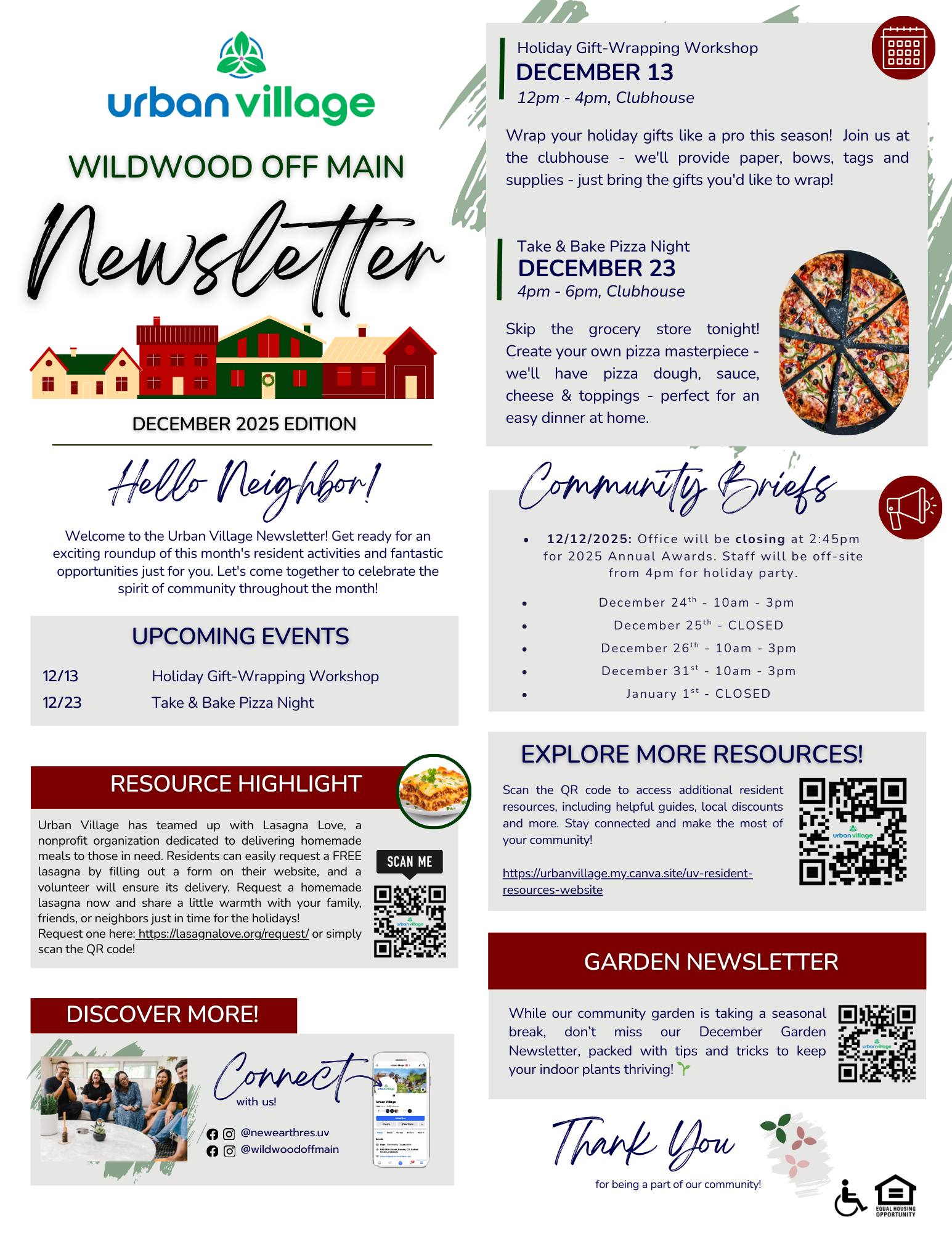 A community newsletter titled 'Wildwood Off Main' for December 2025, featuring upcoming events, a resource highlight, and community briefs.