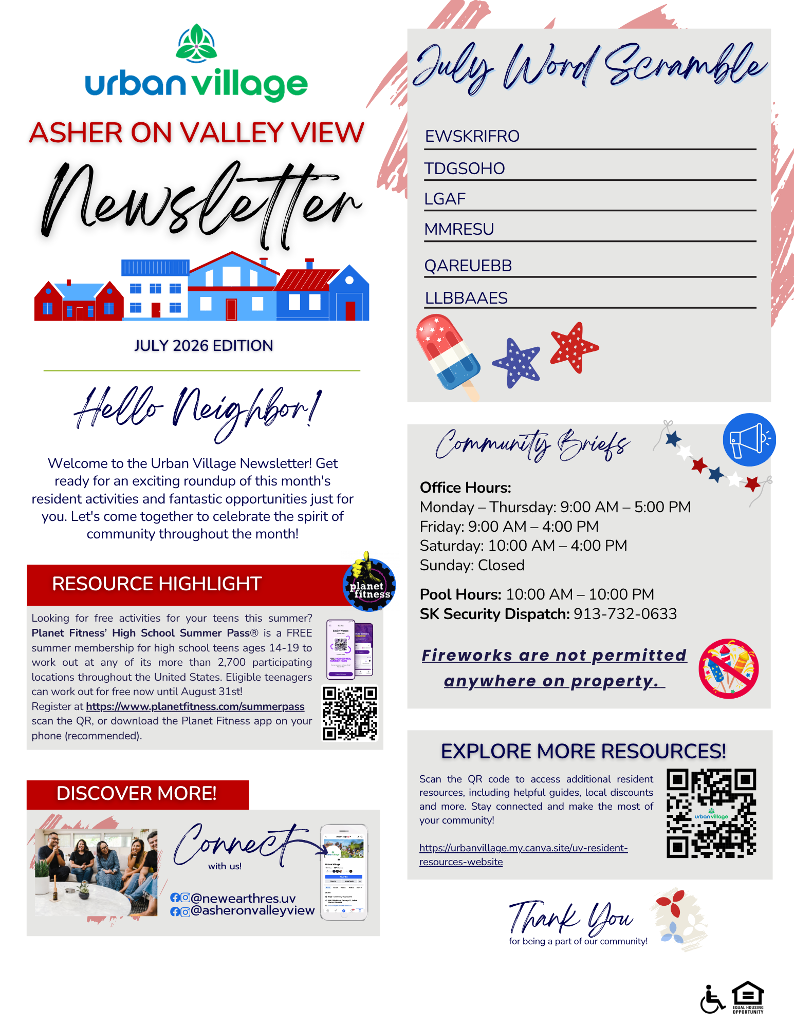 A colorful newsletter featuring the title 'Urban Village Newsletter - July 2026 Edition'. It includes a word scramble game, community briefs such as office hours, and a resource highlight section.