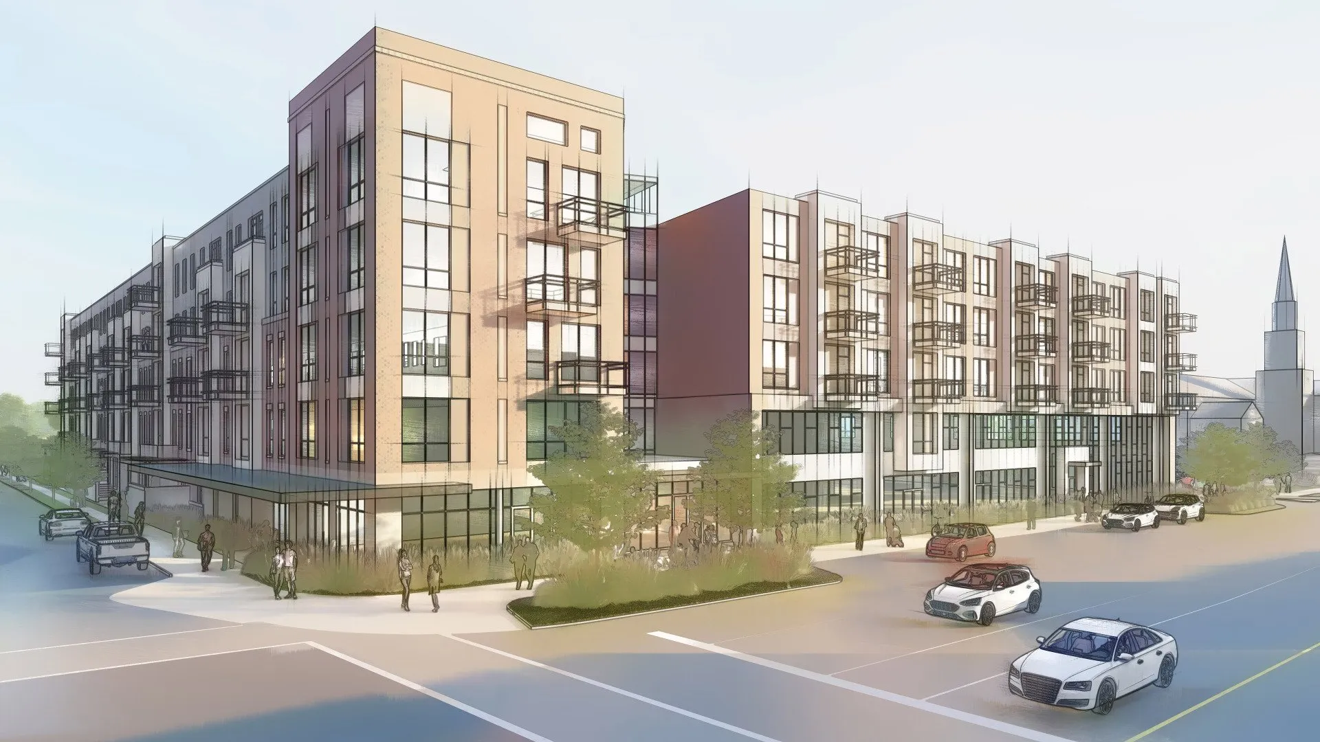 Architectural rendering of a new mixed-use apartment building with multiple stories, large windows, and outdoor balconies, located at a street intersection.