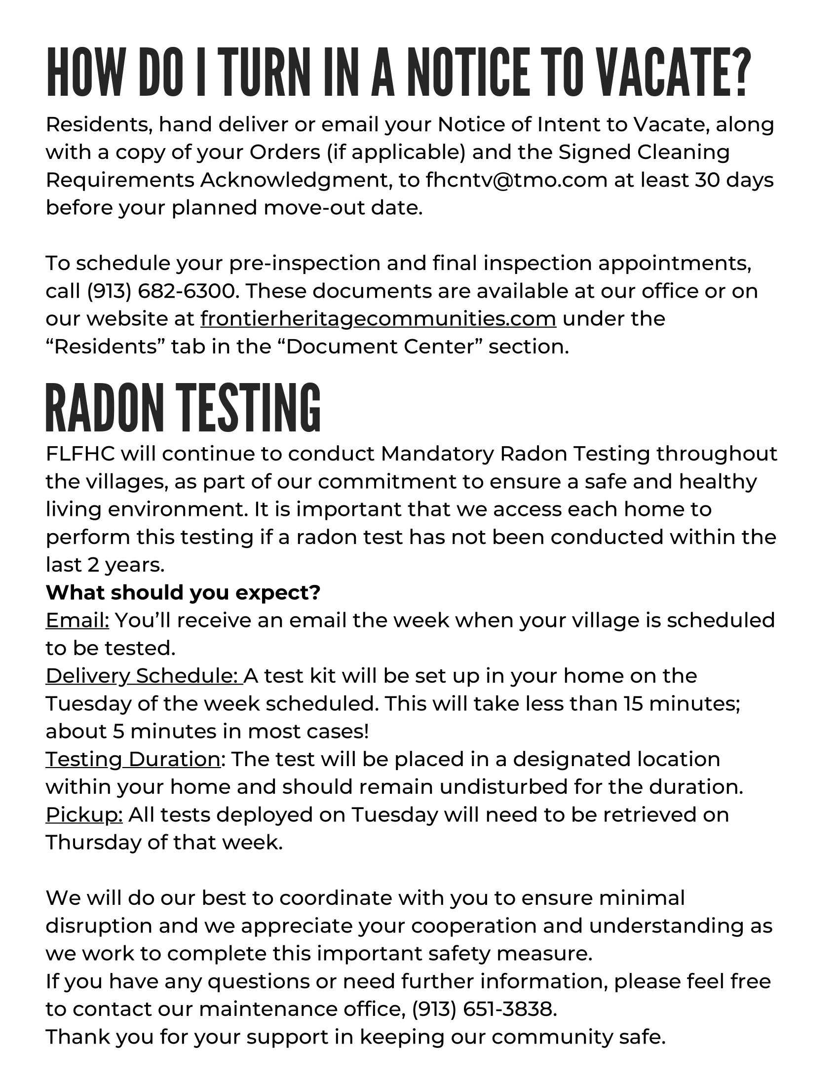 A notice regarding how to turn in a notice to vacate and information about mandatory radon testing.