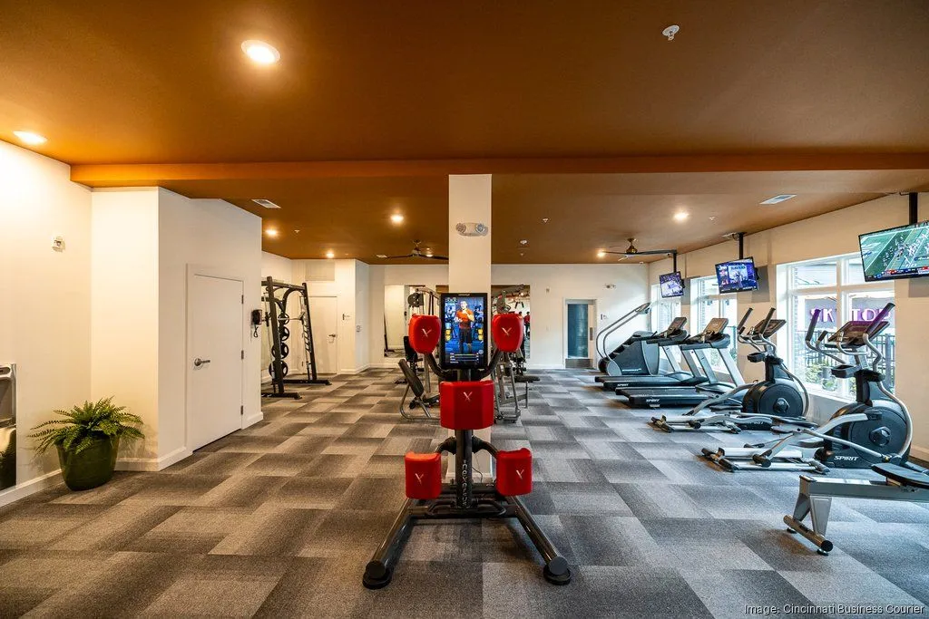 A fitness gym area featuring various exercise equipment, including elliptical machines and weight training gear. The space is well-lit with multiple TVs on the walls and has a modern design with gray carpeting and a potted plant in the corner.