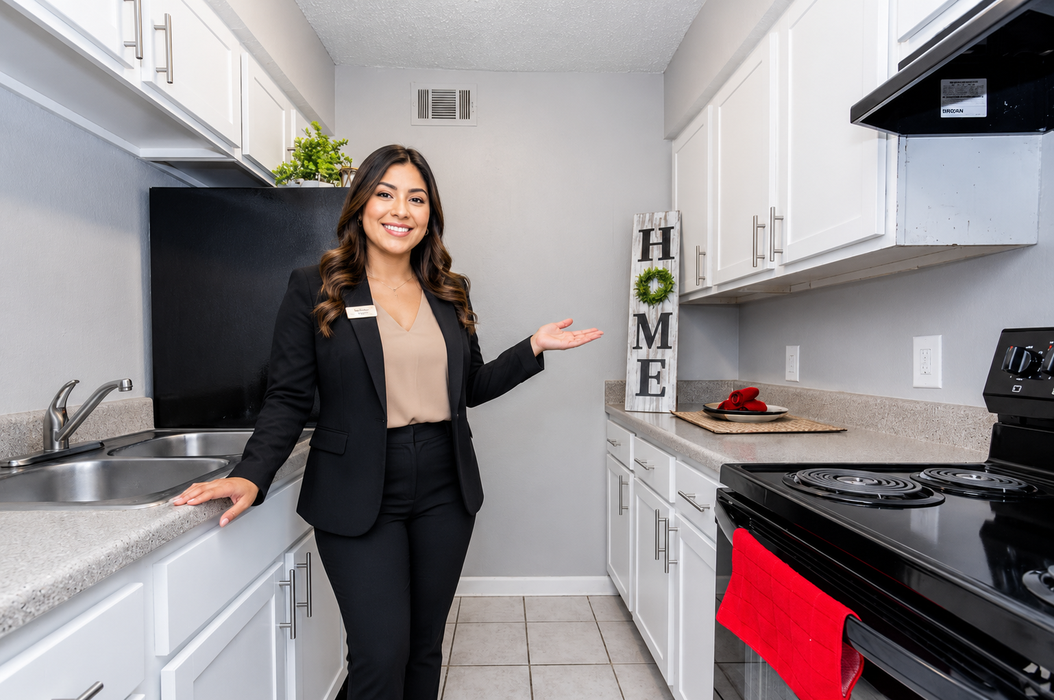 A woman in a black blazer stands in a modern kitchen, smiling and gesturing towards the counter with a decorative 'HOME' sign. The kitchen features white cabinets, a black stove, and a sink.