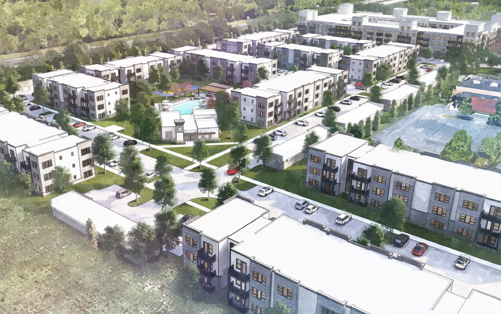 Aerial view of a modern apartment complex with multiple buildings, green spaces, and a community pool.