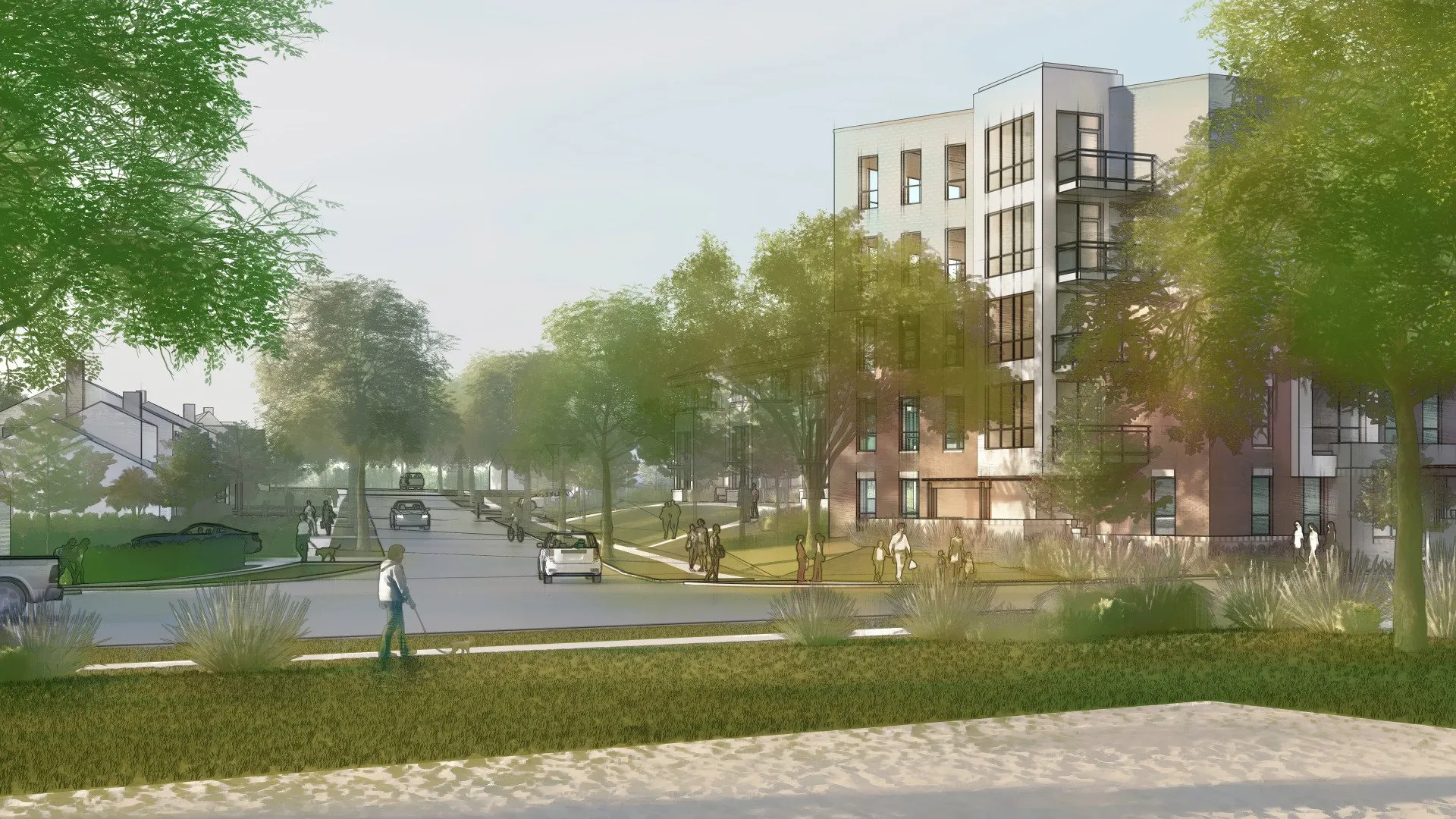 A vibrant apartment community with landscaped greenery and people walking, showcasing a modern architectural design and outdoor surroundings.
