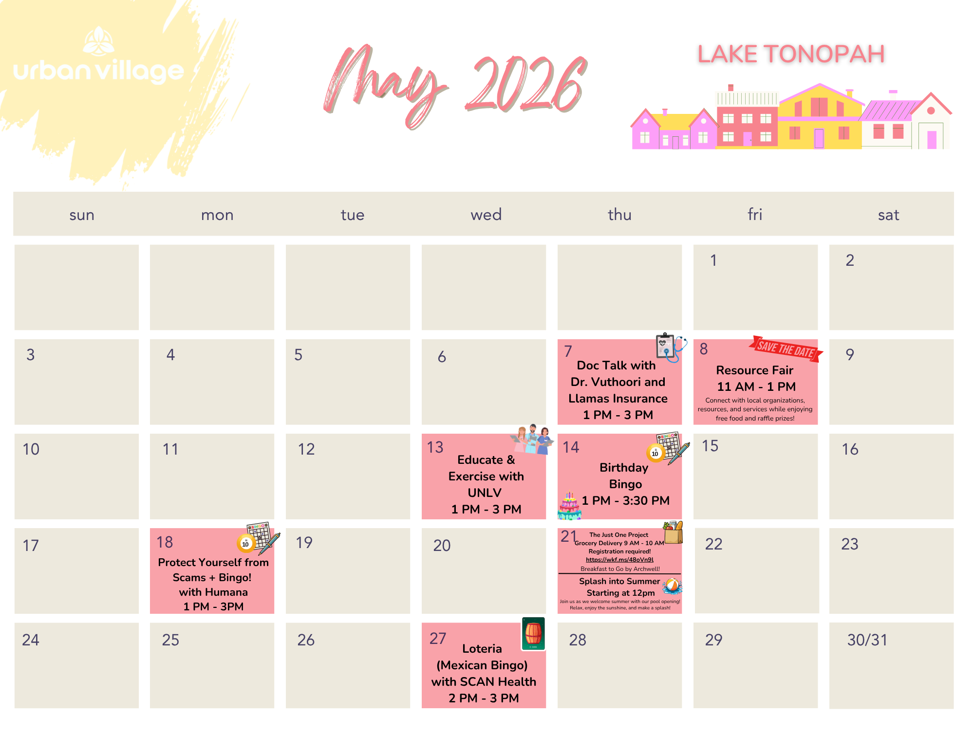 A calendar for May 2026 featuring various events in Lake Tonopah organized by Urban Village. Notable events include a resource fair, health talks, and bingo games.