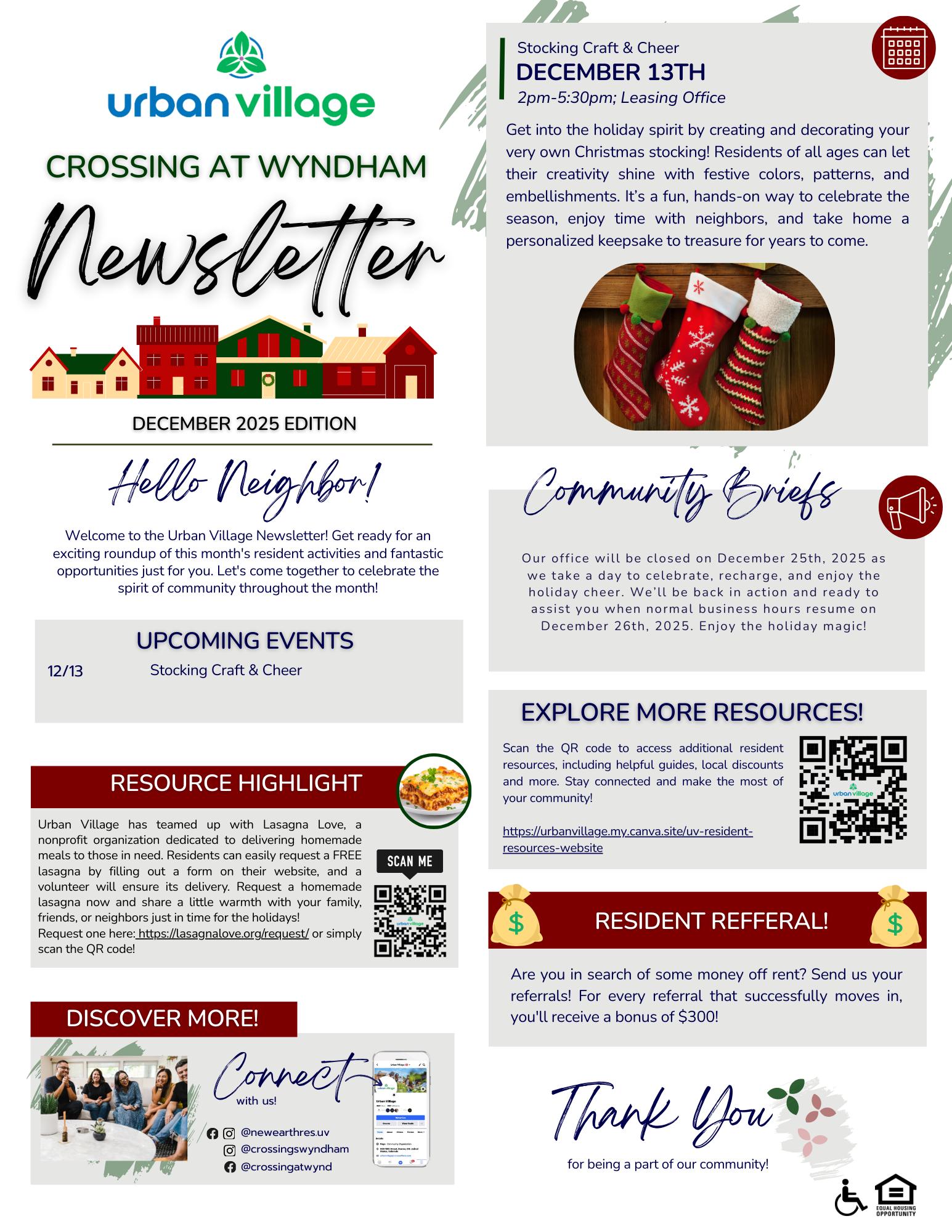 A newsletter for Urban Village's Crossing at Wyndham, featuring announcements, resources, and upcoming events for December 2025. It includes details about a stocking craft event on December 13th and highlights resources available to residents.