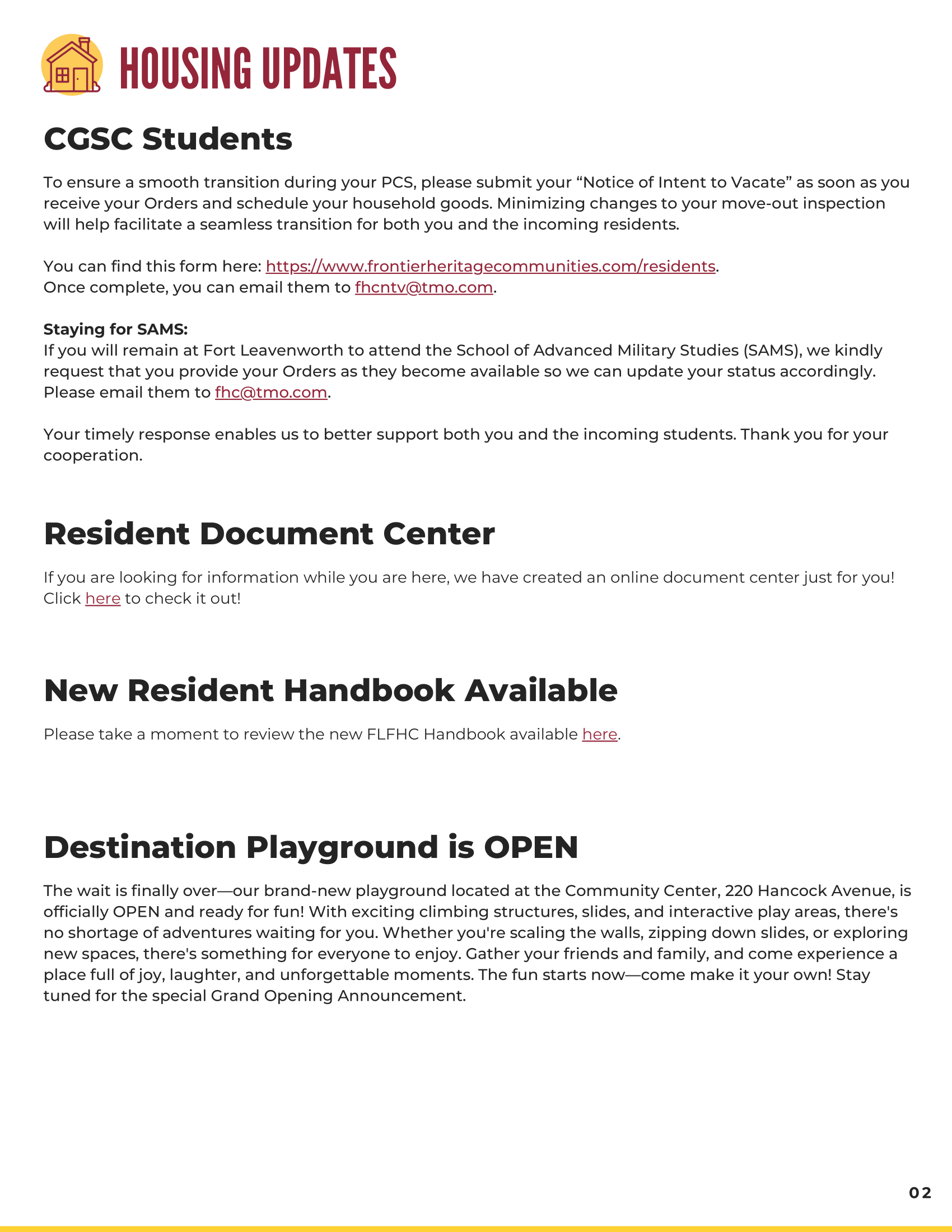 A document titled 'Housing Updates' featuring various announcements for CGSC students, including information about transitioning, a new Resident Document Center, and the opening of a Destination Playground.