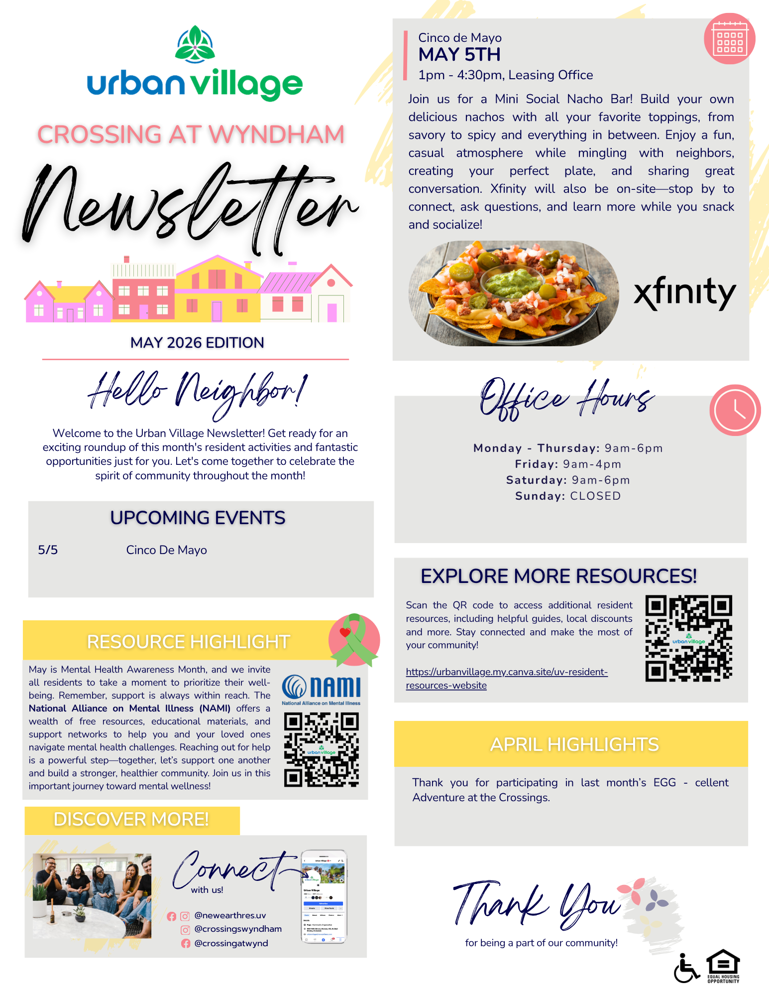 Newsletter for Urban Village featuring Cinco de Mayo event details, office hours, and resource highlights.