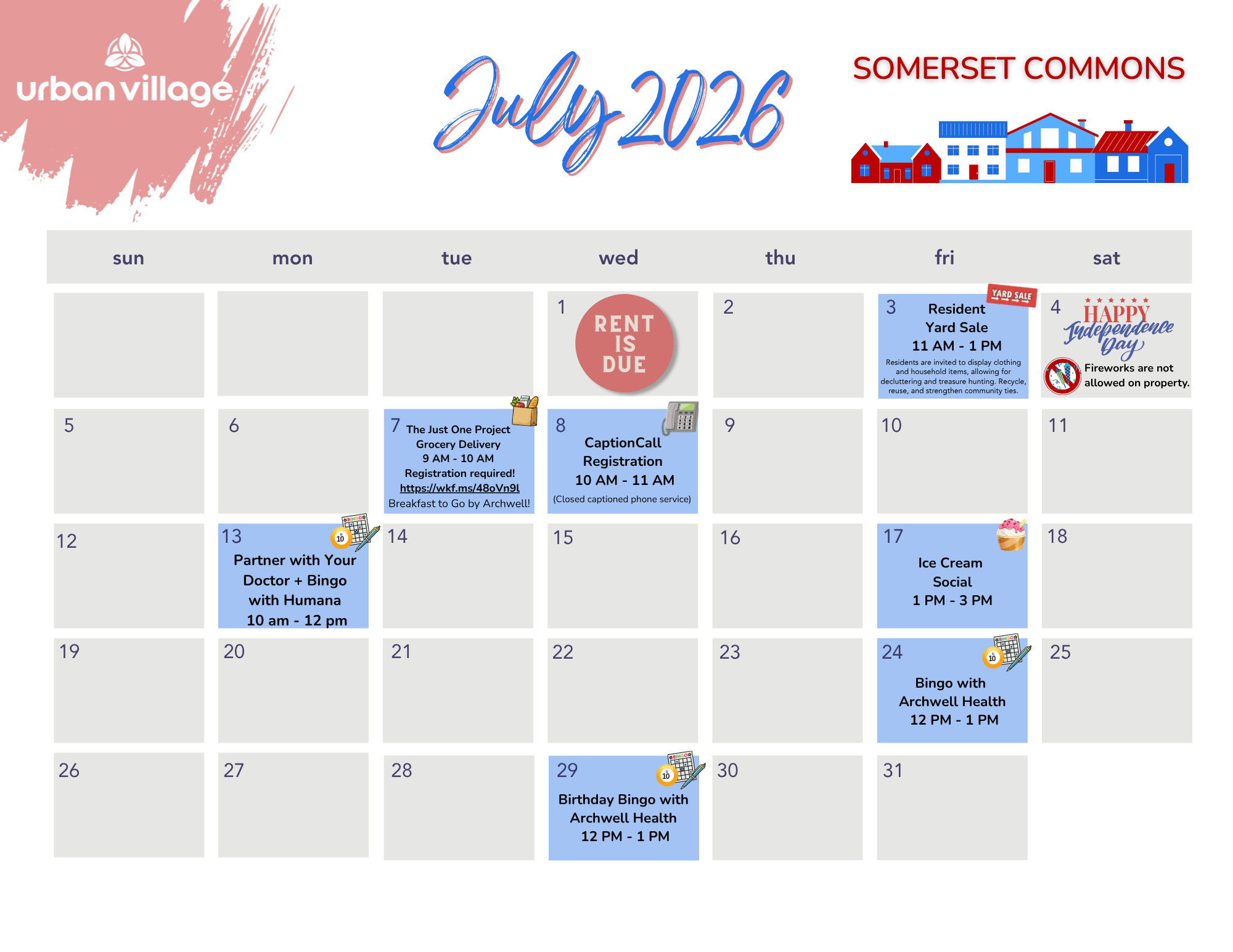 A calendar for July 2026 featuring events at Somerset Commons, including bingo games and social gatherings.