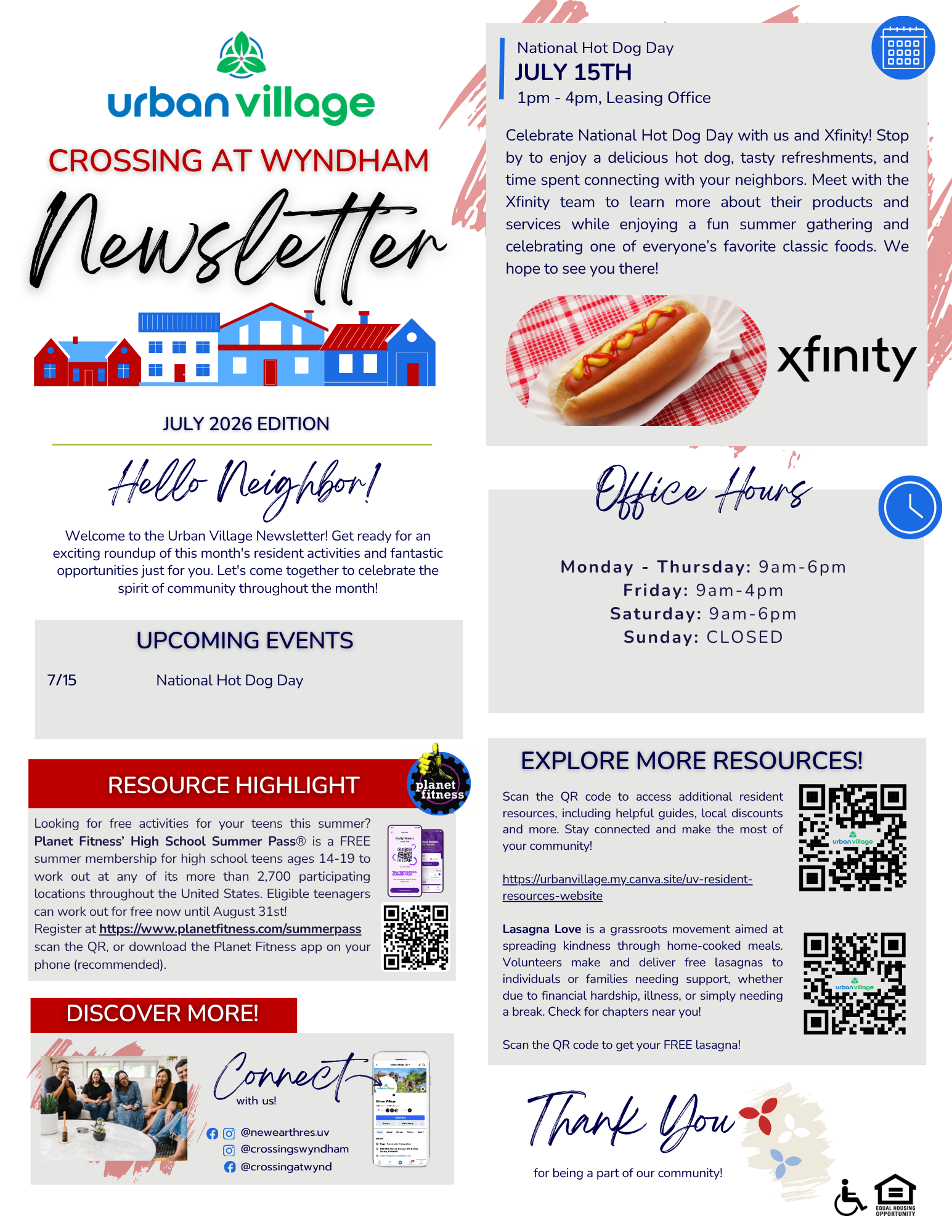 Newsletter for Urban Village featuring information on National Hot Dog Day and community resources.