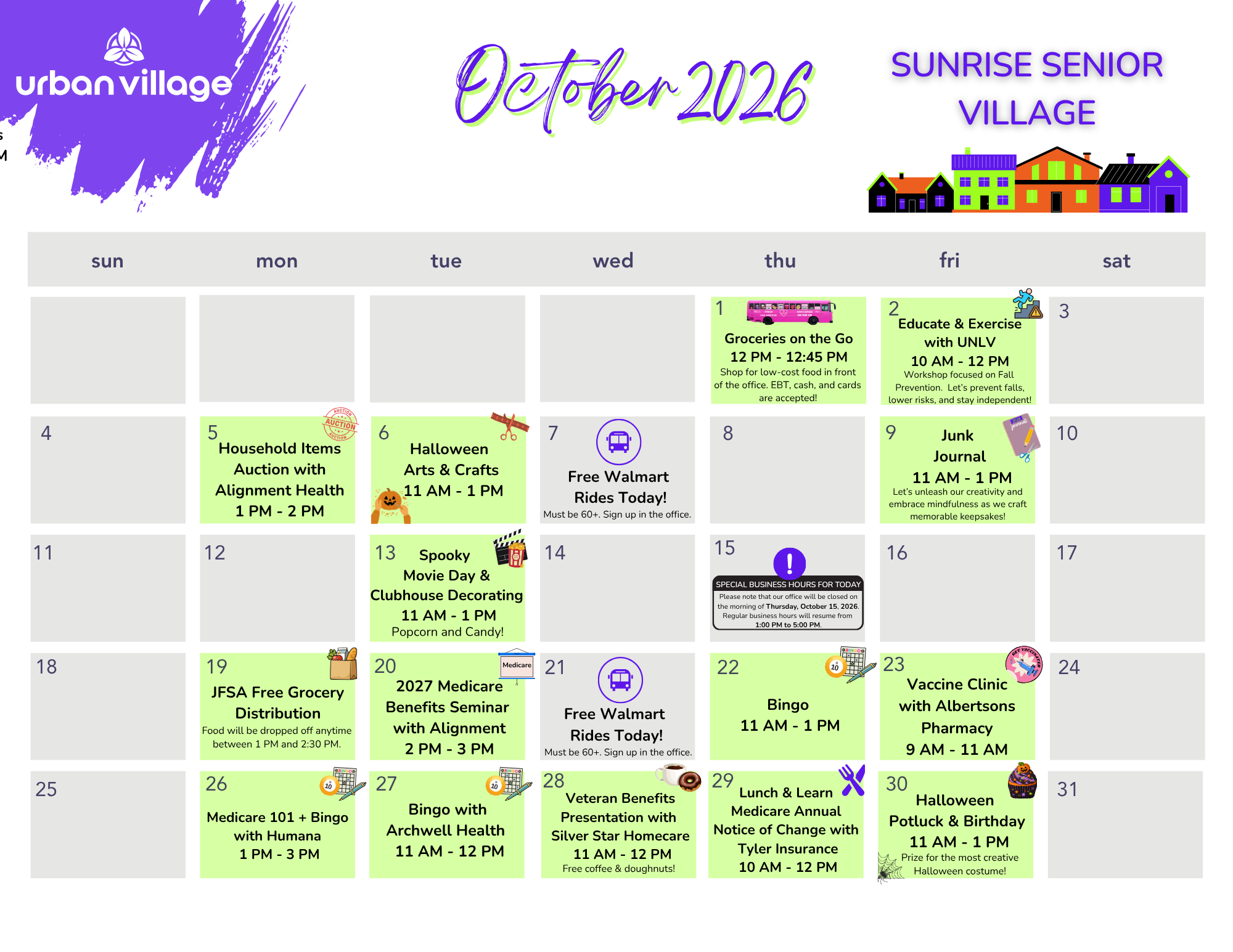 Calendar for October 2026 with events planned for seniors at Sunrise Senior Village, including grocery distributions, movie day, bingo, and health clinics.