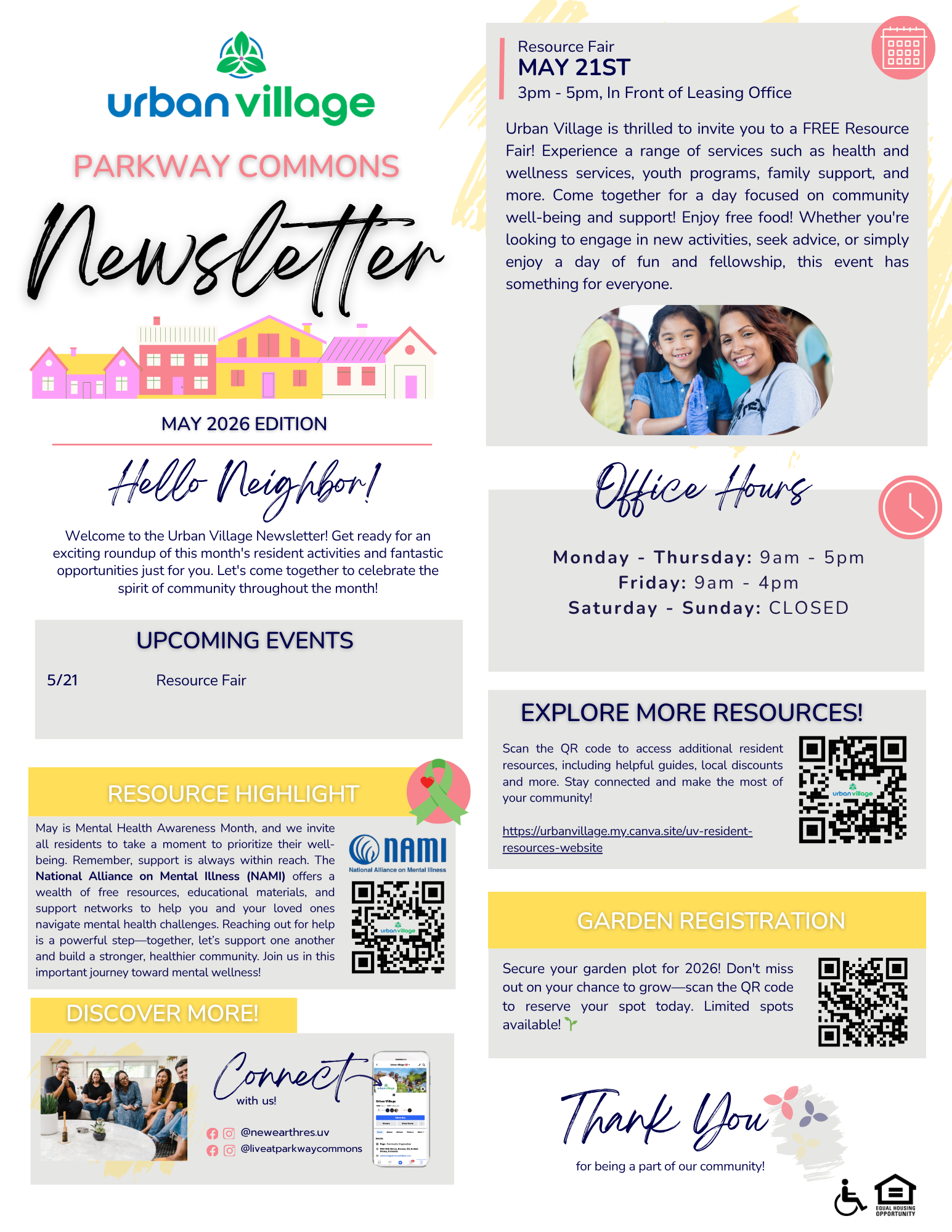 Newsletter from Urban Village showcasing a Resource Fair, office hours, and community events.