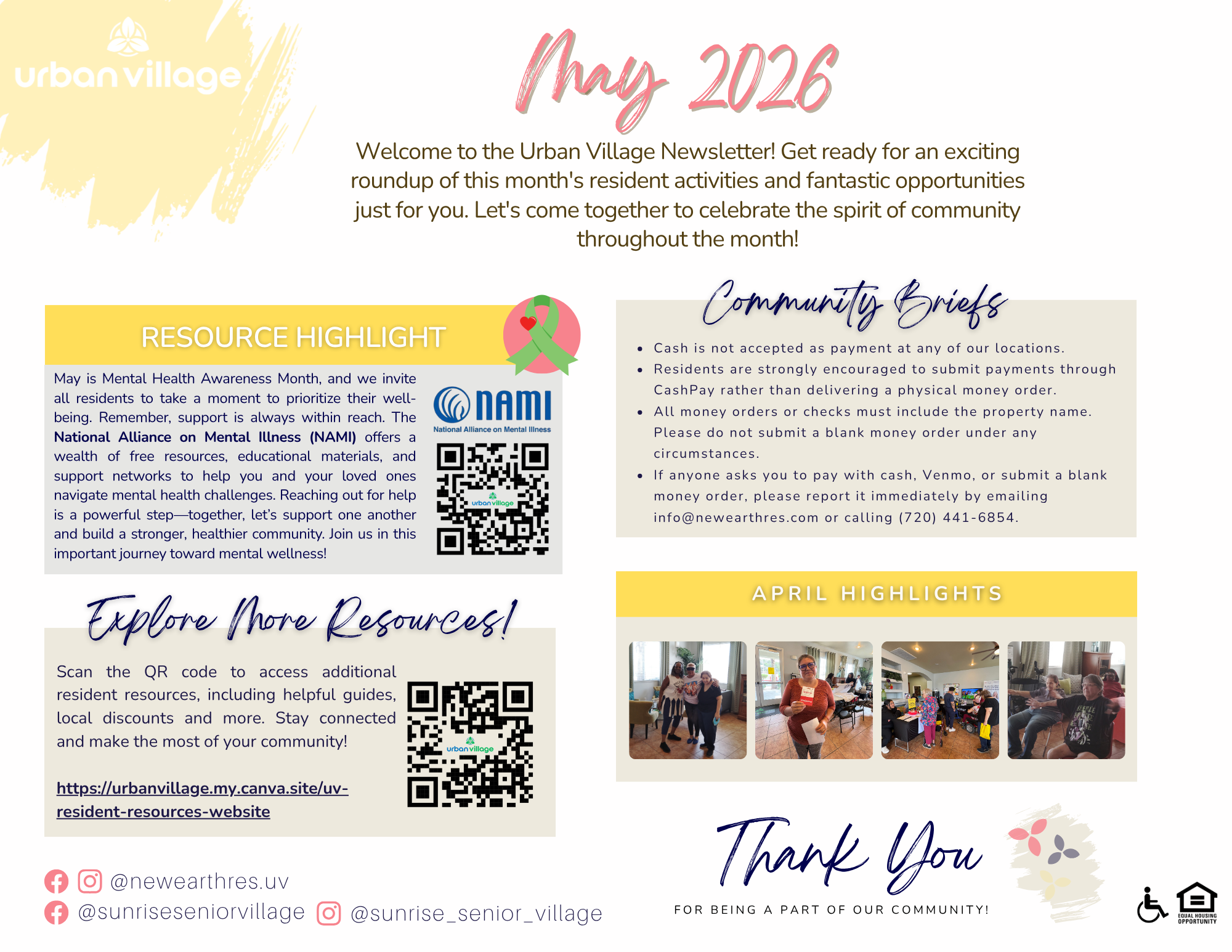 Newsletter for Urban Village, May 2026, highlighting community events and resources including mental health awareness.