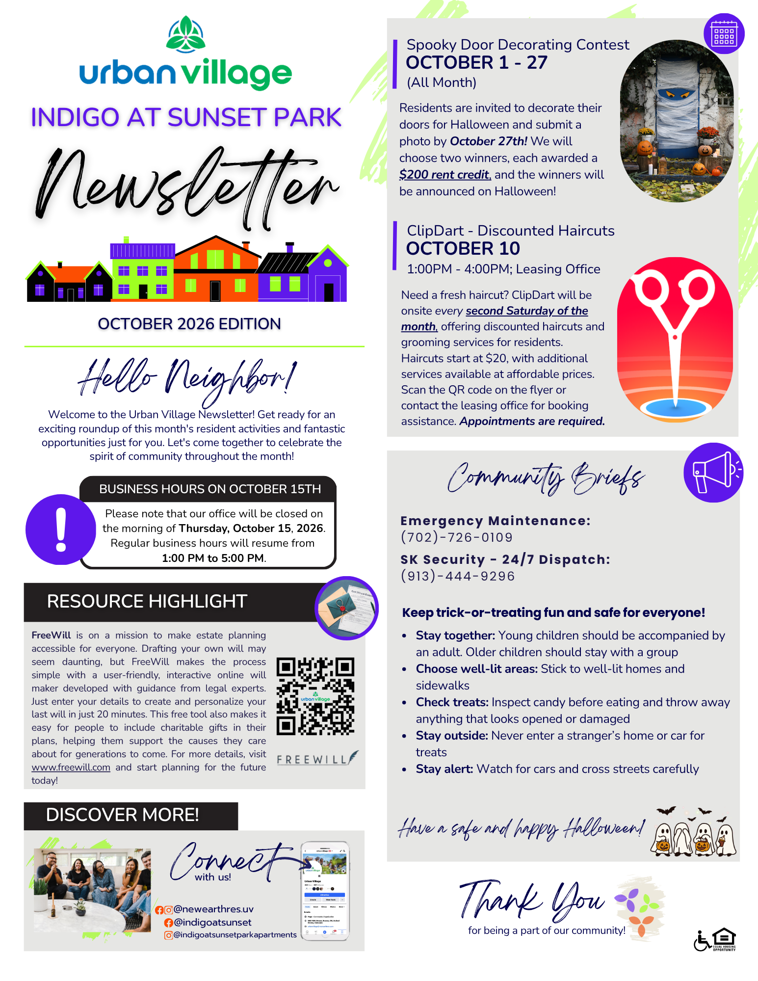 Newsletter for Urban Village at Indigo at Sunset Park, featuring community events and resources for October 2026.