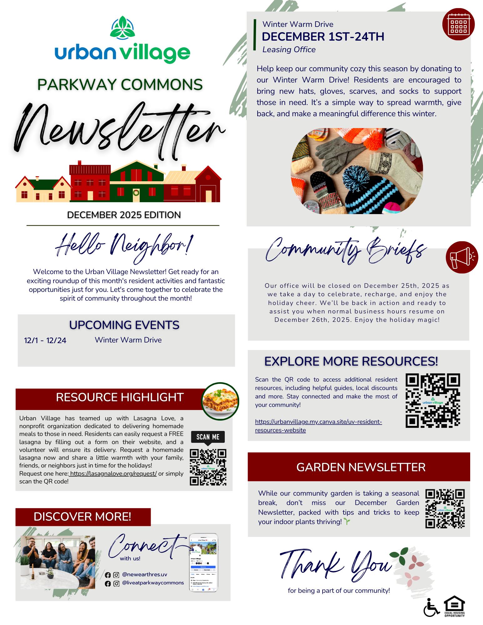 A colorful community newsletter titled 'Parkway Commons Newsletter' for December 2025. It features information about upcoming events, a winter warm drive, and community brief notes. There are QR codes for additional resources and a garden newsletter, along with images of community activities and resources.