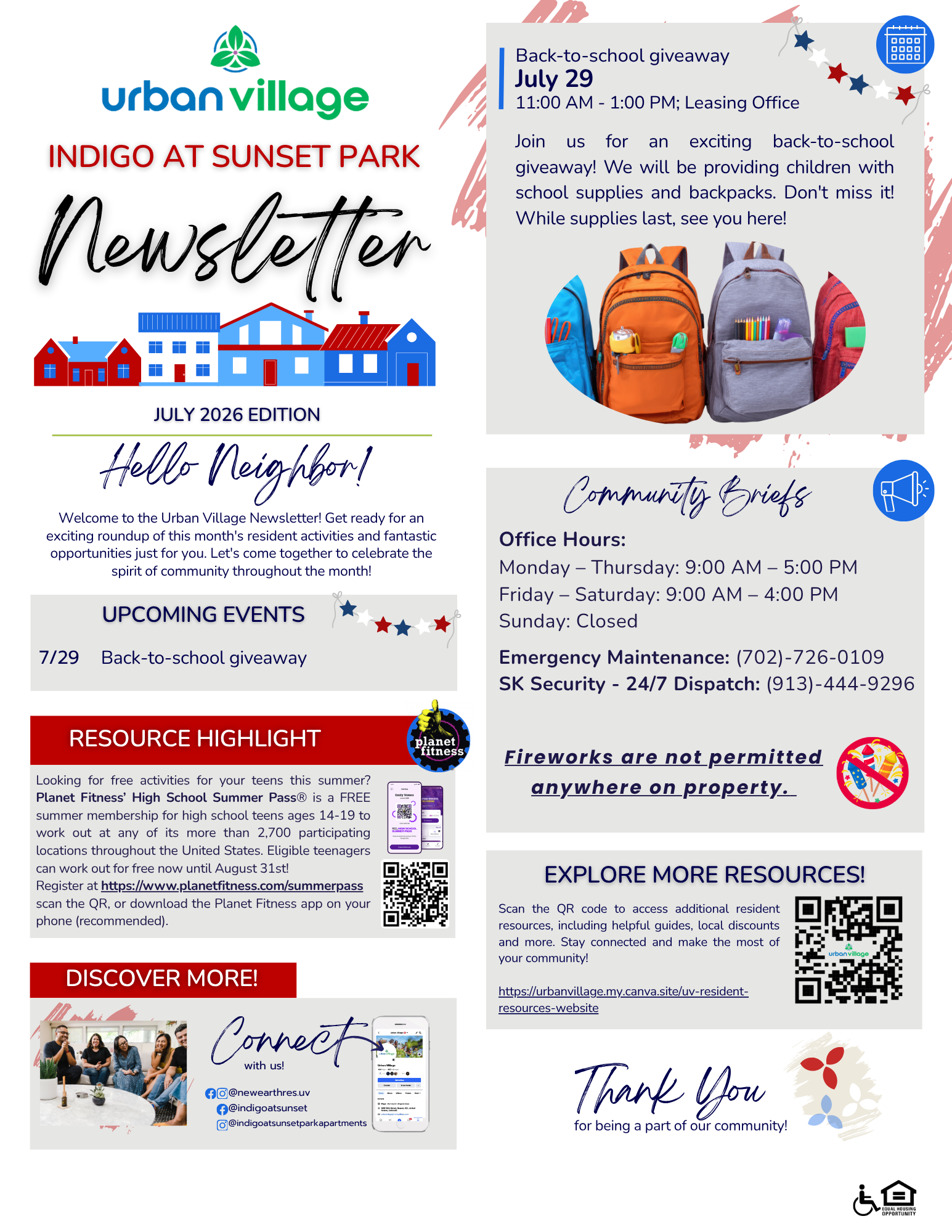 Newsletter for Indigo at Sunset Park detailing community events and resources for July 2026.