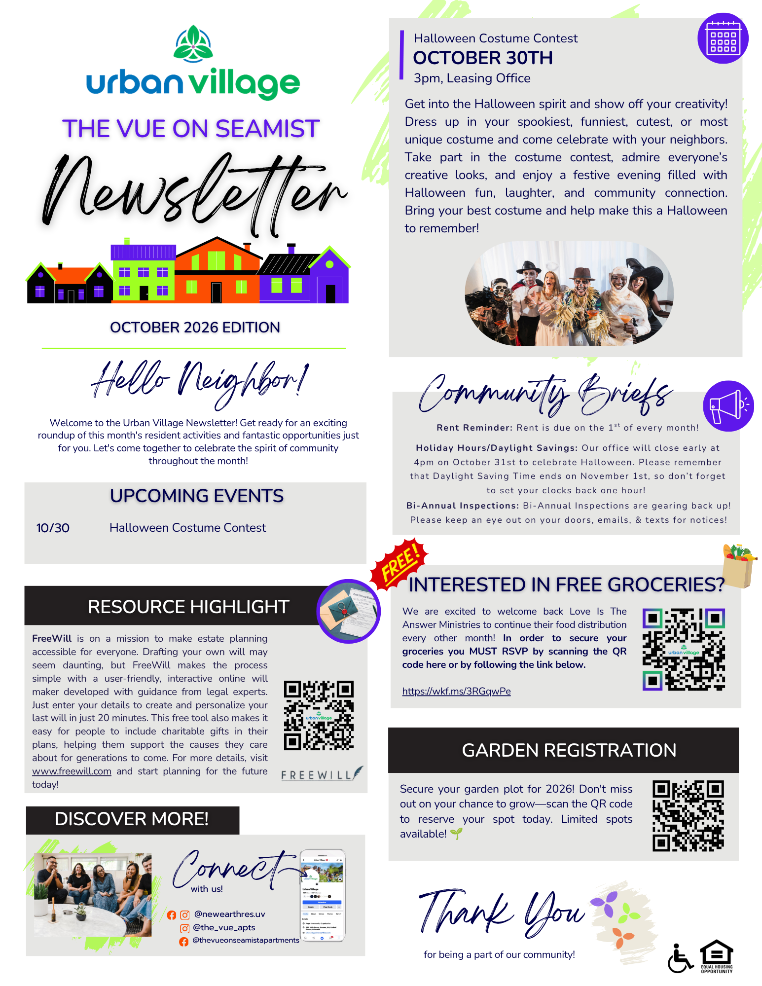 Newsletter for Urban Village featuring community events, Halloween costume contest details, and resource information.