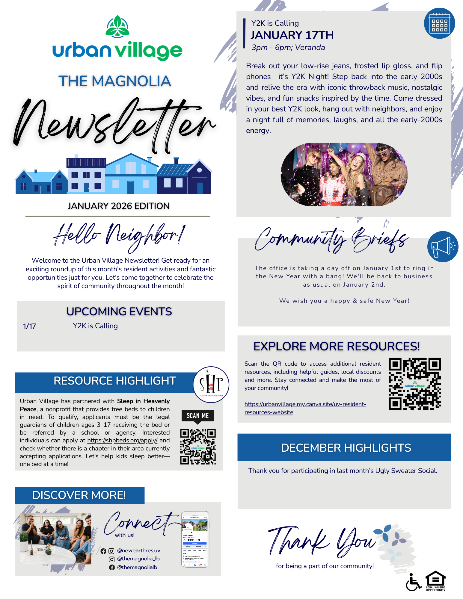Newsletter from Urban Village featuring upcoming events, community resources, and highlights for January 2026.