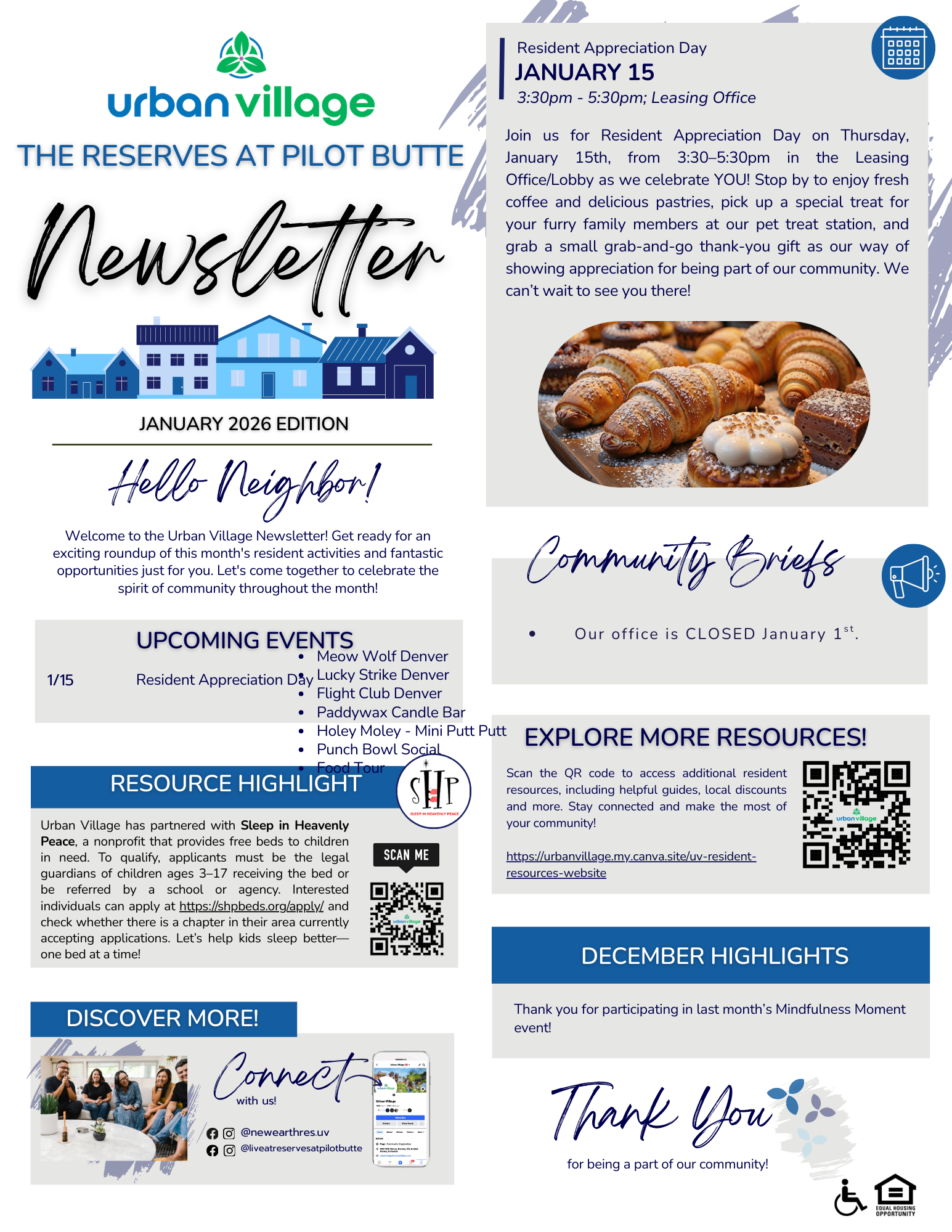 Newsletter for Urban Village at The Reserves at Pilot Butte featuring community events and resources for residents, including a notice about Resident Appreciation Day.