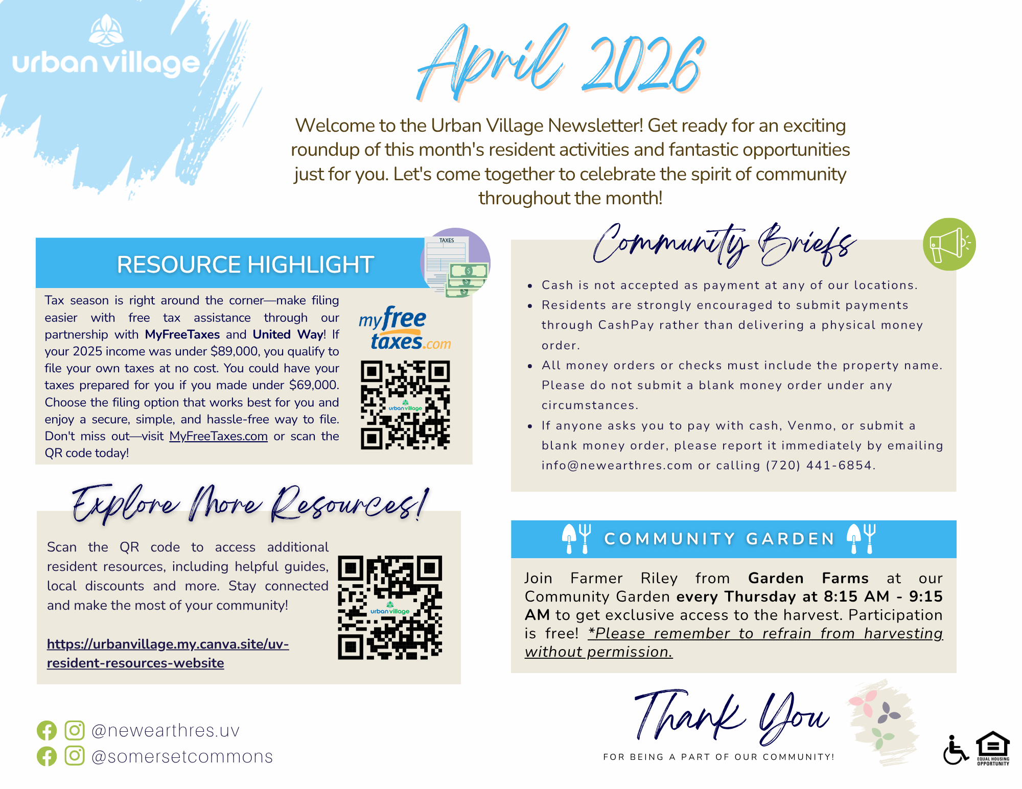 Newsletter for Urban Village dated April 2026, featuring community briefs, resource highlights, and information about a community garden program.