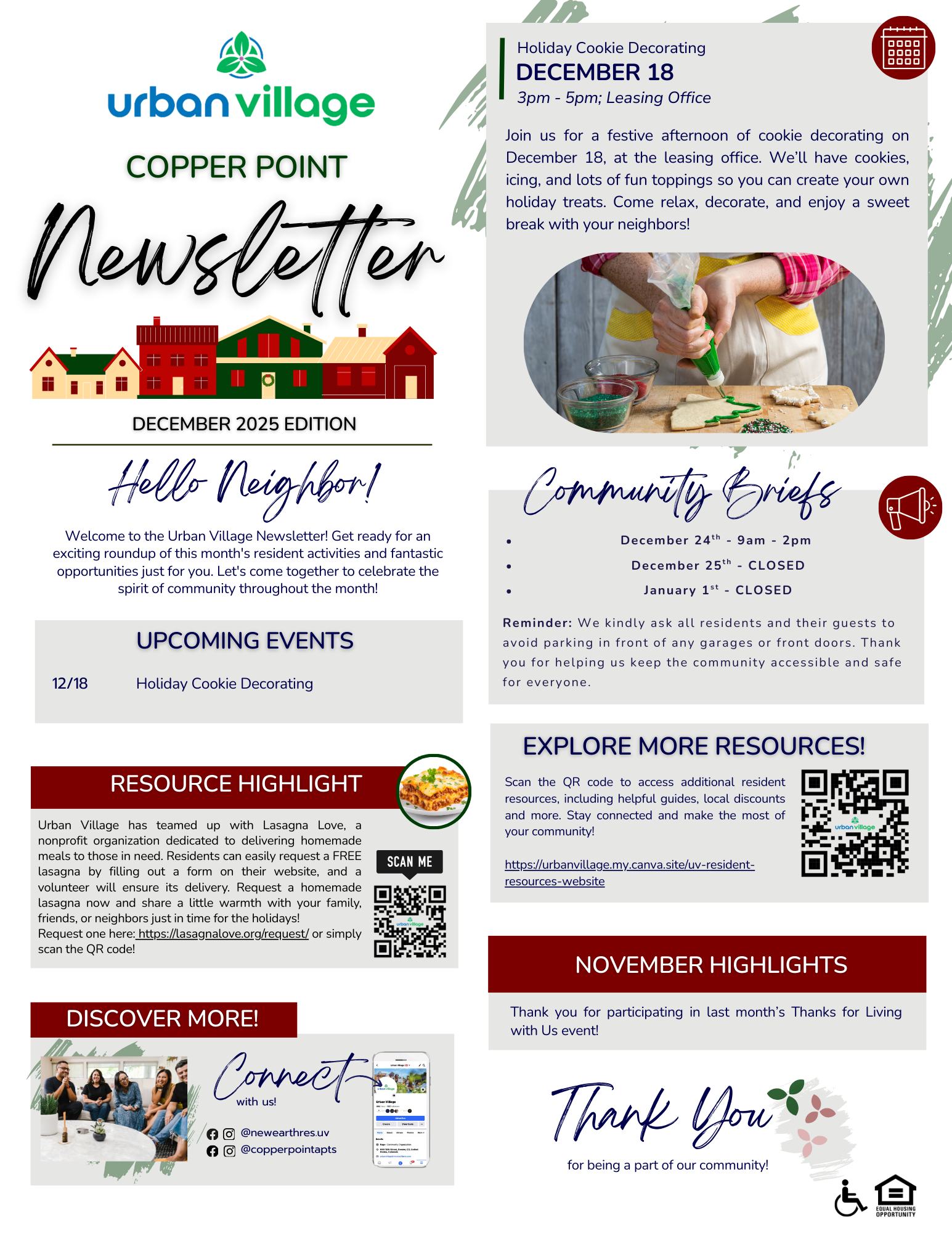 A colorful newsletter titled 'Urban Village Copper Point Newsletter' for December 2025. It includes sections for upcoming events, resource highlights, and community briefs, with a graphic of holiday cookie decorating.