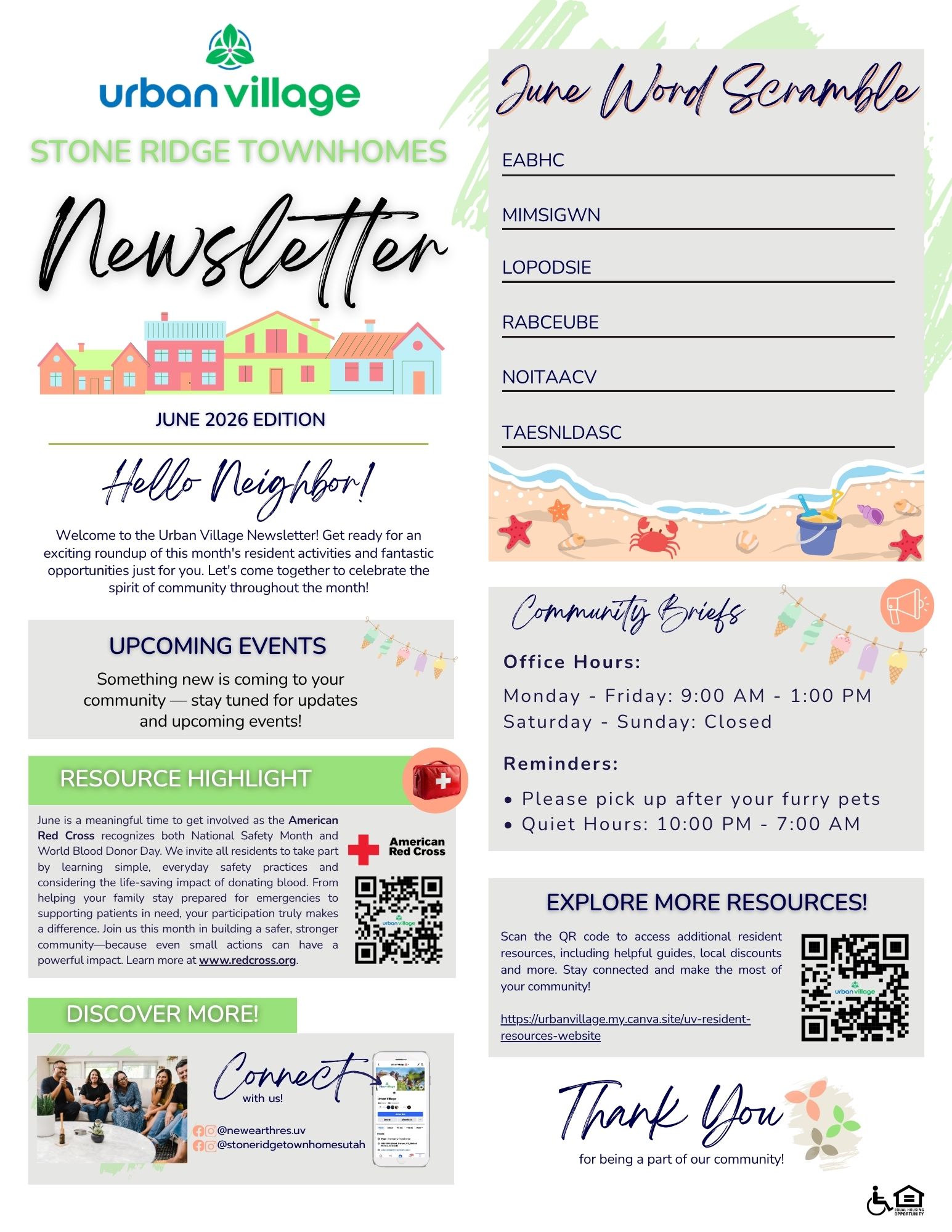Newsletter for Stone Ridge Townhomes by Urban Village, featuring community events, resource highlights, and a word scramble activity for June 2026.