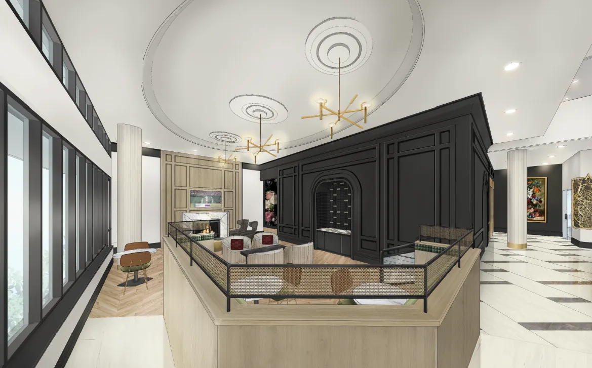 A modern community lobby with elegant design featuring a black accent wall, seating areas, large windows, and a sophisticated ceiling design.