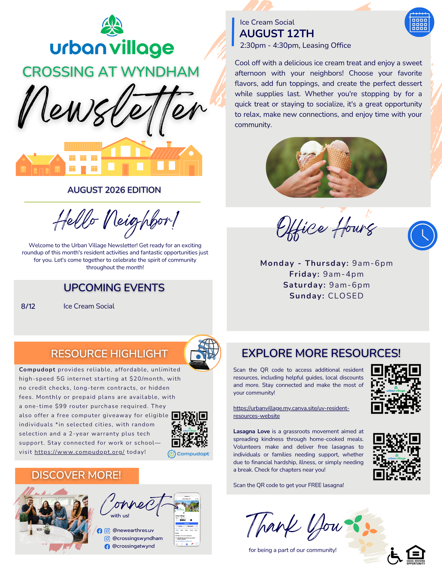 Newsletter for Urban Village Crossing at Wyndham featuring an ice cream social event and office hours.