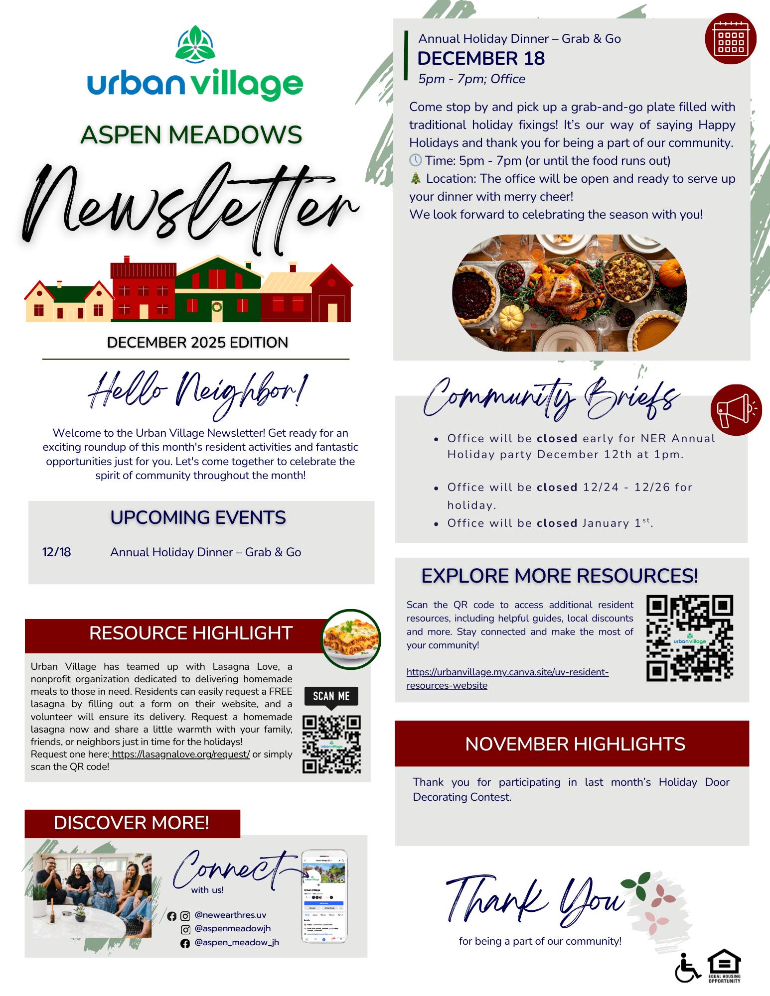 Newsletter titled 'Urban Village Aspen Meadows' for December 2025 showing upcoming events, community briefs, and resources available.