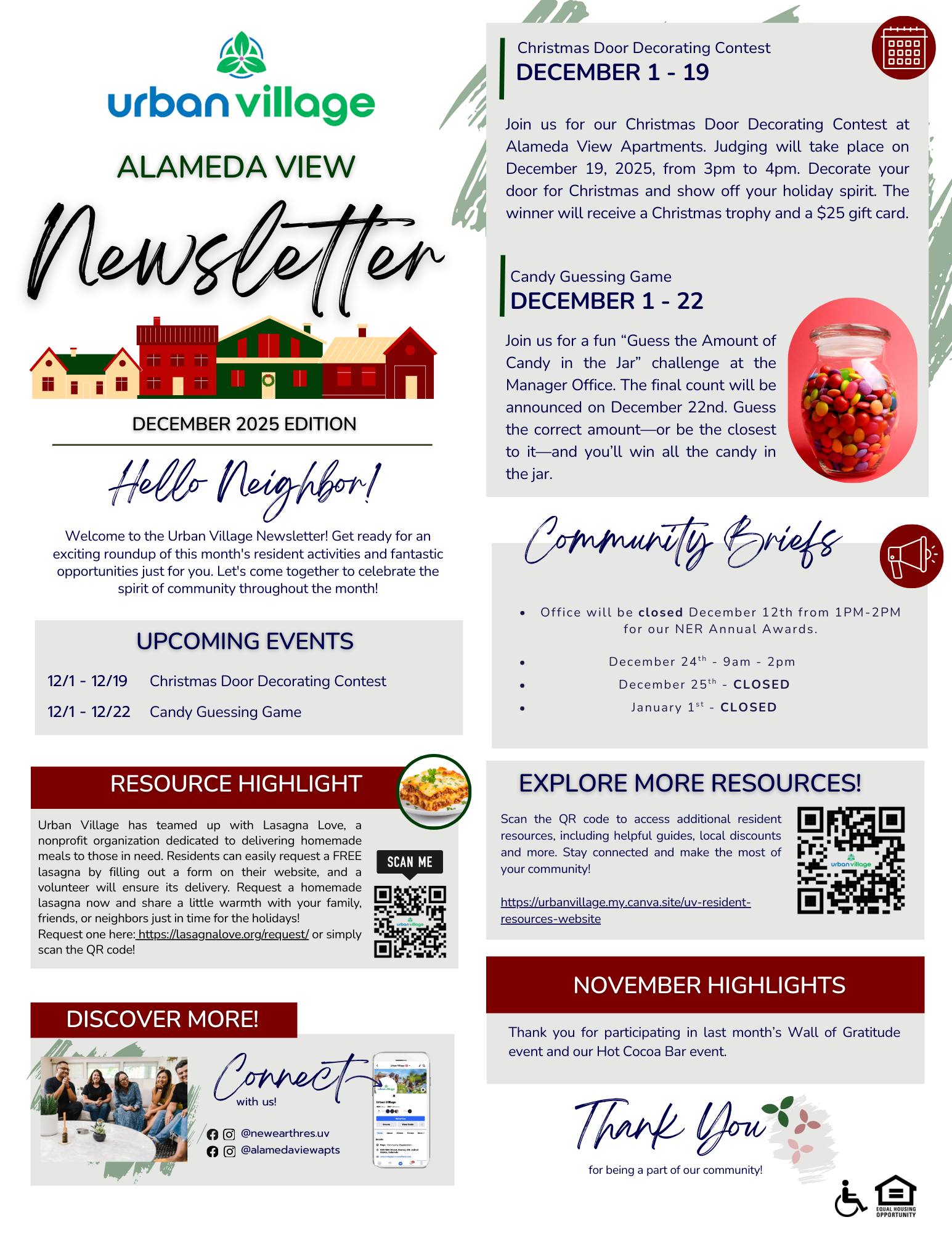 Newsletter for Urban Village's Alameda View, detailing December 2025 events including Christmas Door Decorating Contest and Candy Guessing Game, along with community briefs and resource highlights.
