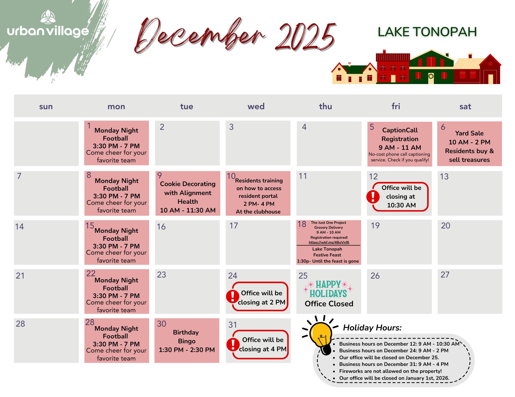 Calendar for December 2025 featuring events and office hours in Lake Tonopah, including Monday Night Football, cookie decorating, and Office Holiday closures.