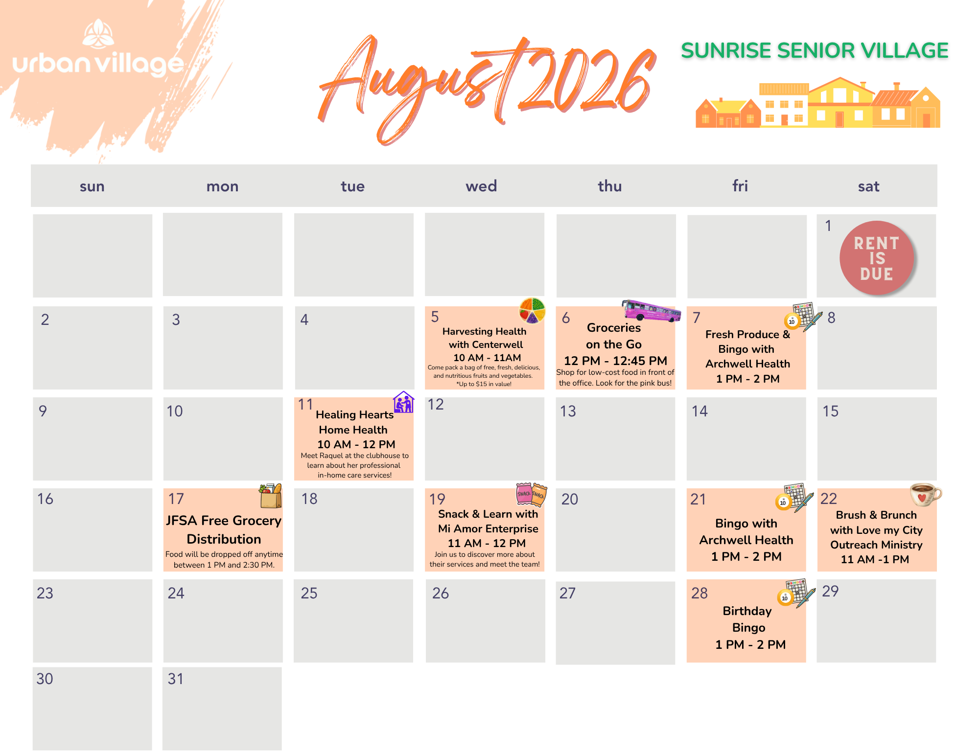 A monthly calendar for August 2026 featuring events at Sunrise Senior Village, including activities such as grocery distributions, health workshops, and bingo nights.