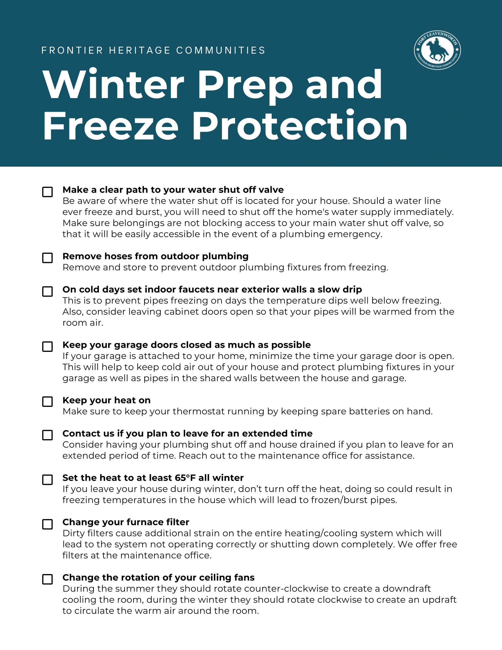 A informational flyer detailing tips for winter preparation and freeze protection, including advice on water shut off valve, outdoor plumbing, garage precautions, thermostat settings, and ceiling fan rotation.
