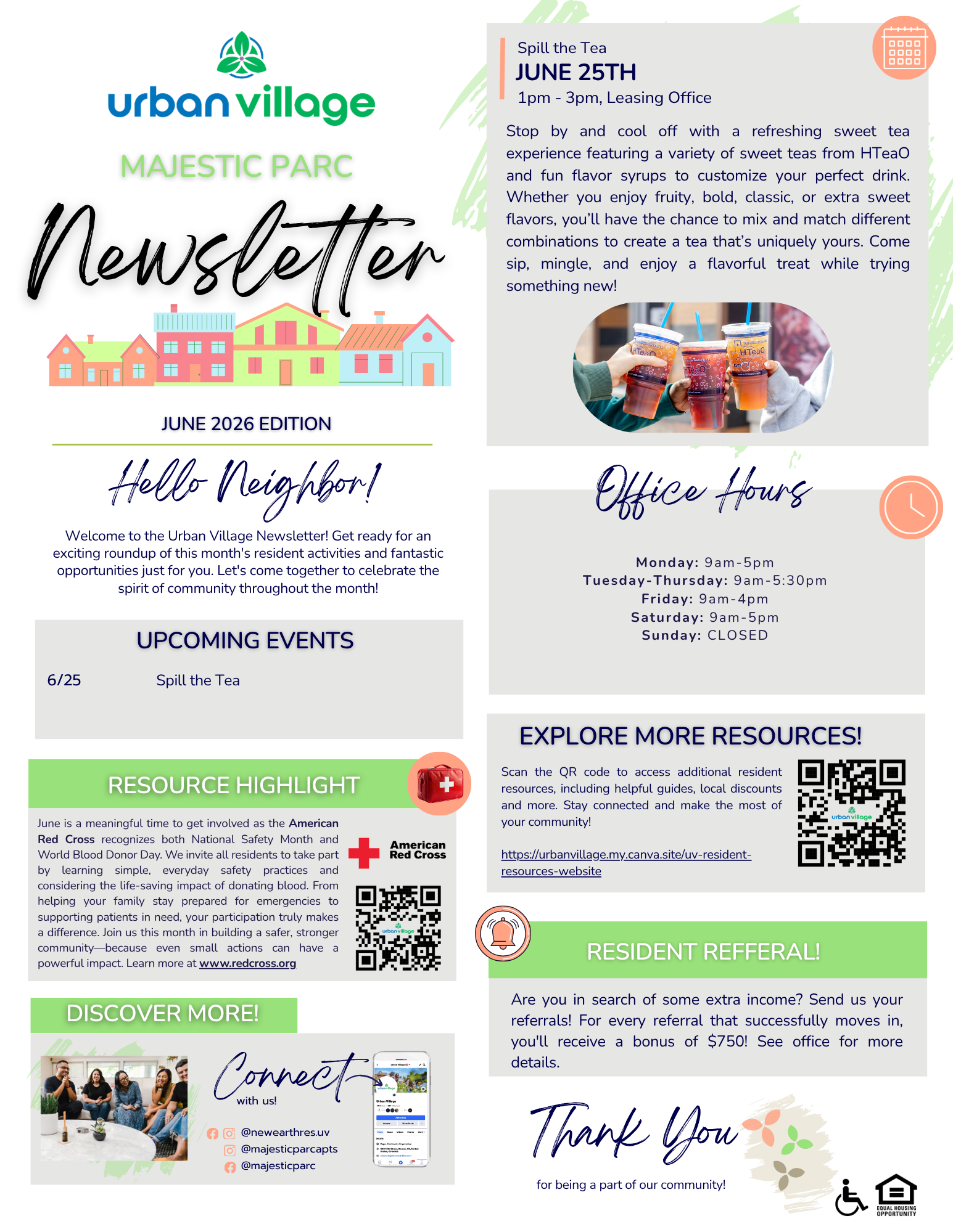 Newsletter for Urban Village Majestic Parc featuring upcoming events and office hours.