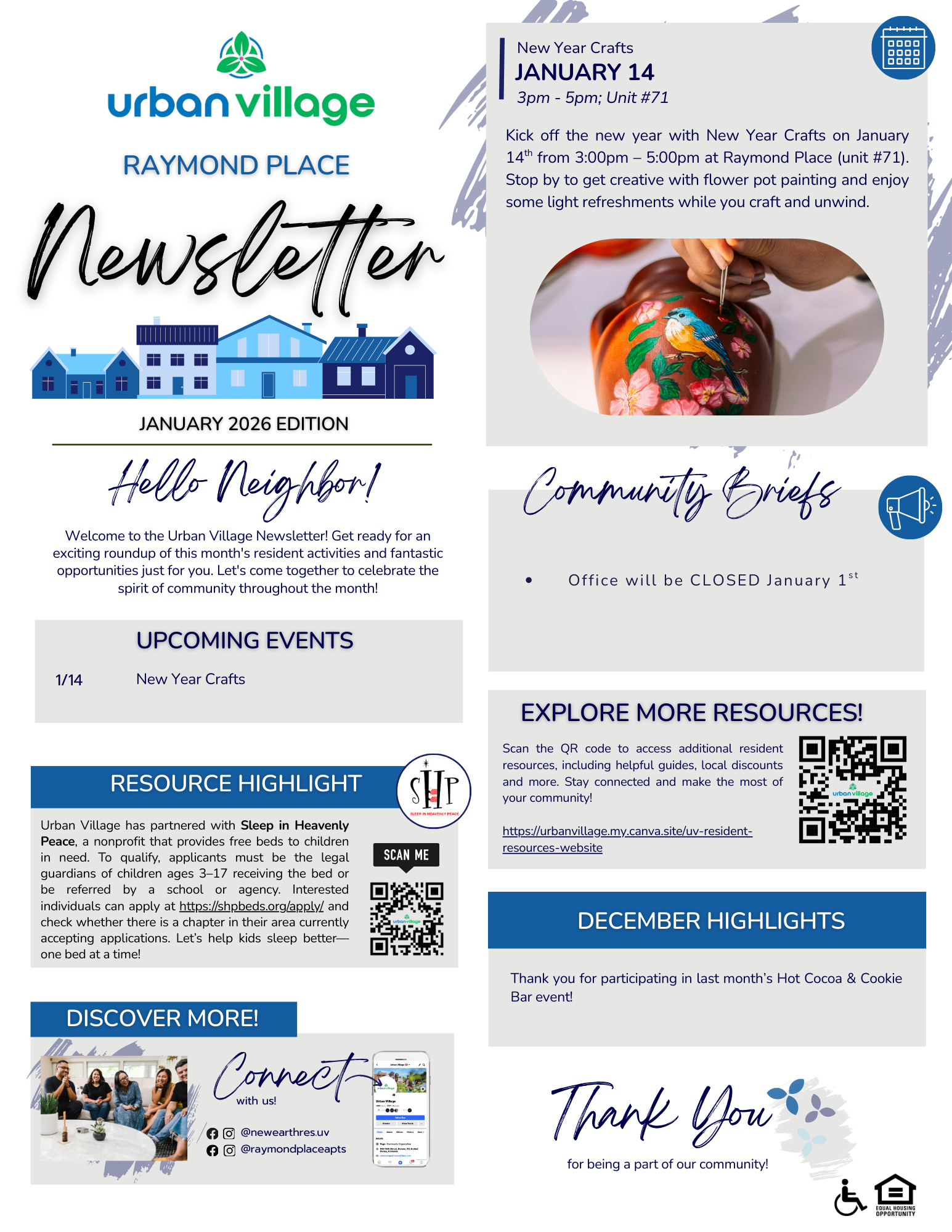 A newsletter for Urban Village Raymond Place, featuring information about upcoming events, a resource highlight, and community briefs. Includes a large image of a flower pot painting activity and details of a New Year Crafts event.