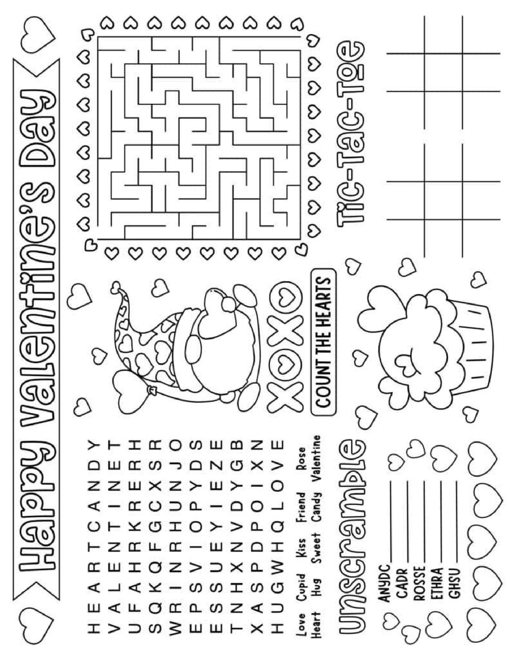 A Valentine's Day-themed activity sheet featuring a maze, tic-tac-toe grid, word search, and an unscramble game with fun illustrations and hearts.