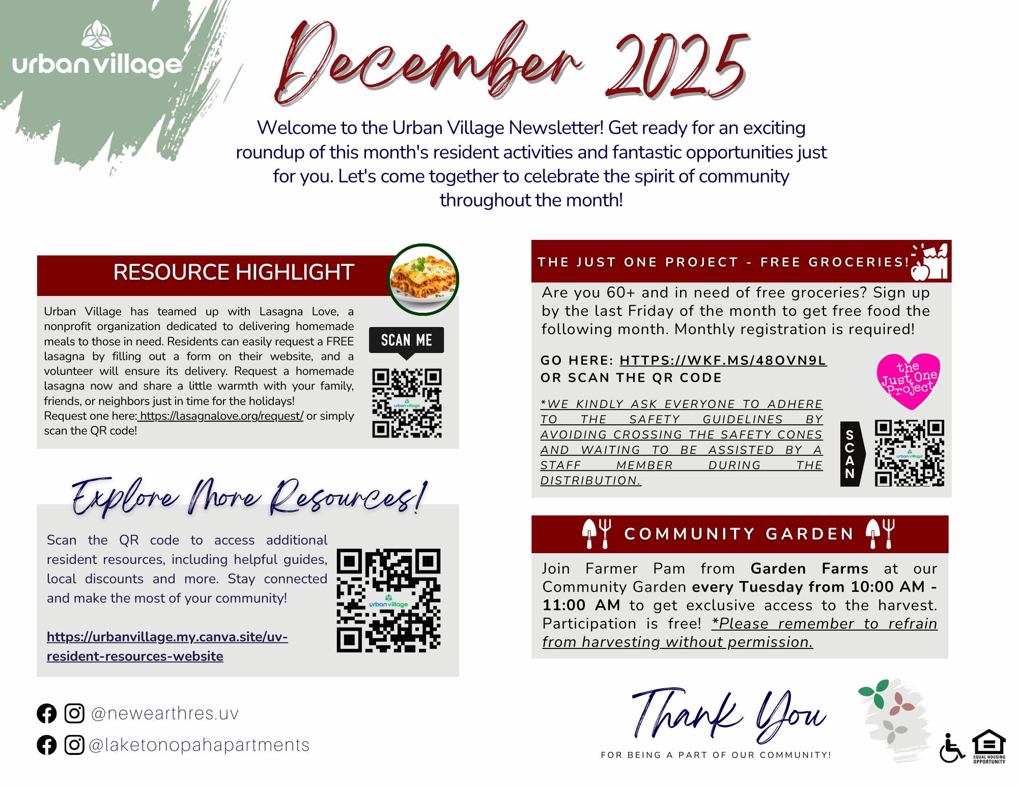 A newsletter from Urban Village for December 2025 featuring information about free groceries, community resources, and details about a community garden. There are QR codes for easy access to more information.