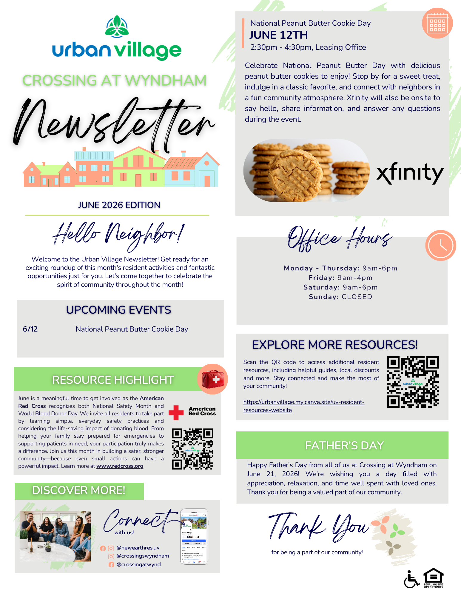 Newsletter for Urban Village featuring events and office hours for Crossing at Wyndham. Highlights include National Peanut Butter Cookie Day and resource links.