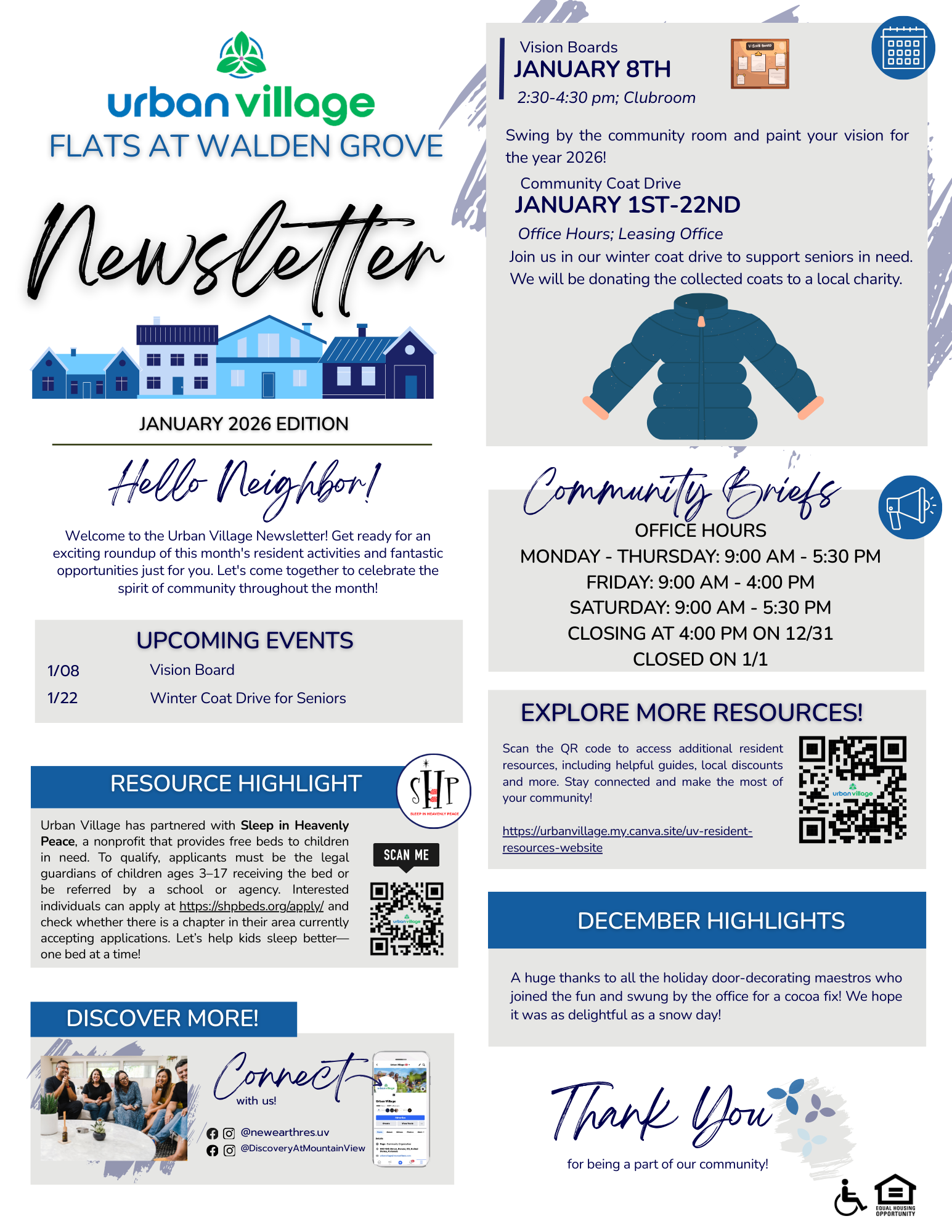 Newsletter for Urban Village at Walden Grove, January 2026 edition. Features upcoming events, office hours, and resources.