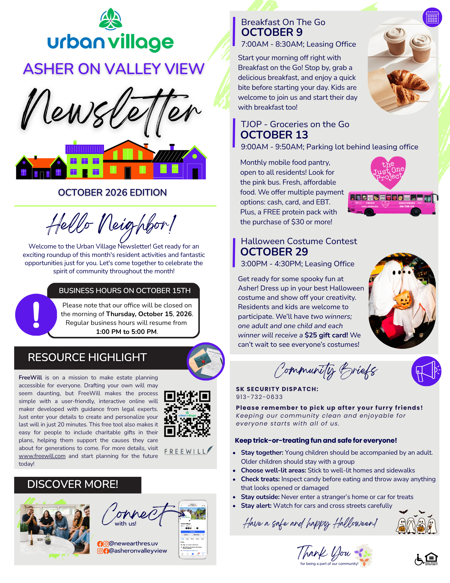 Newsletter for Urban Village highlighting community events and resources for October 2026.