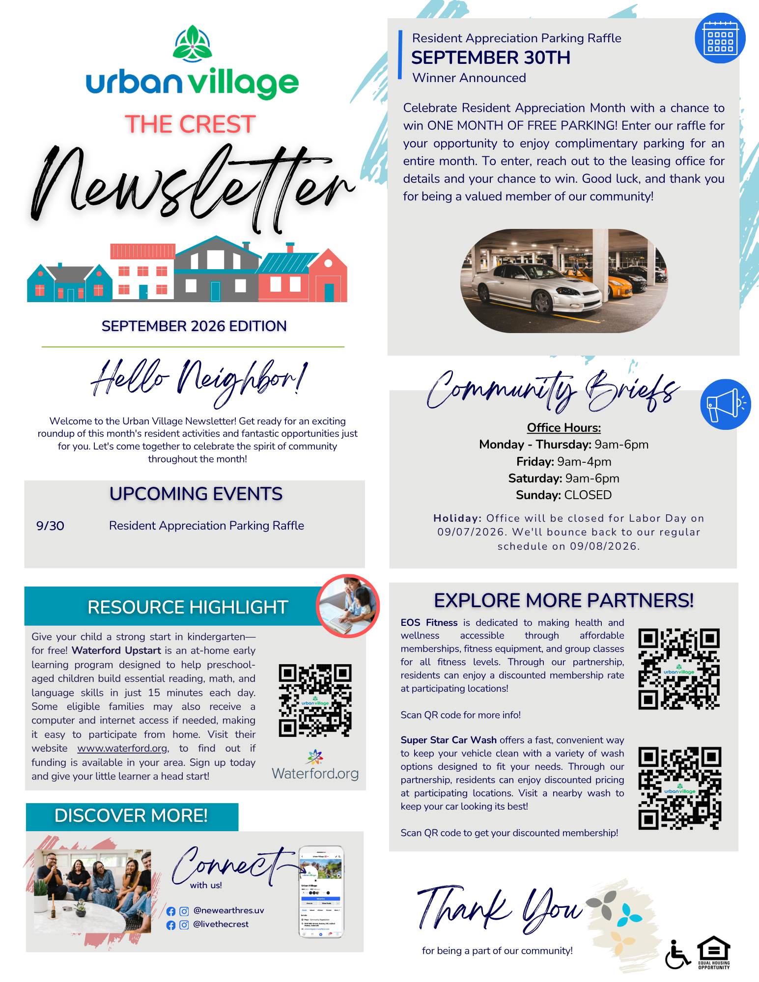 Newsletter for Urban Village community, featuring resident events and resources.